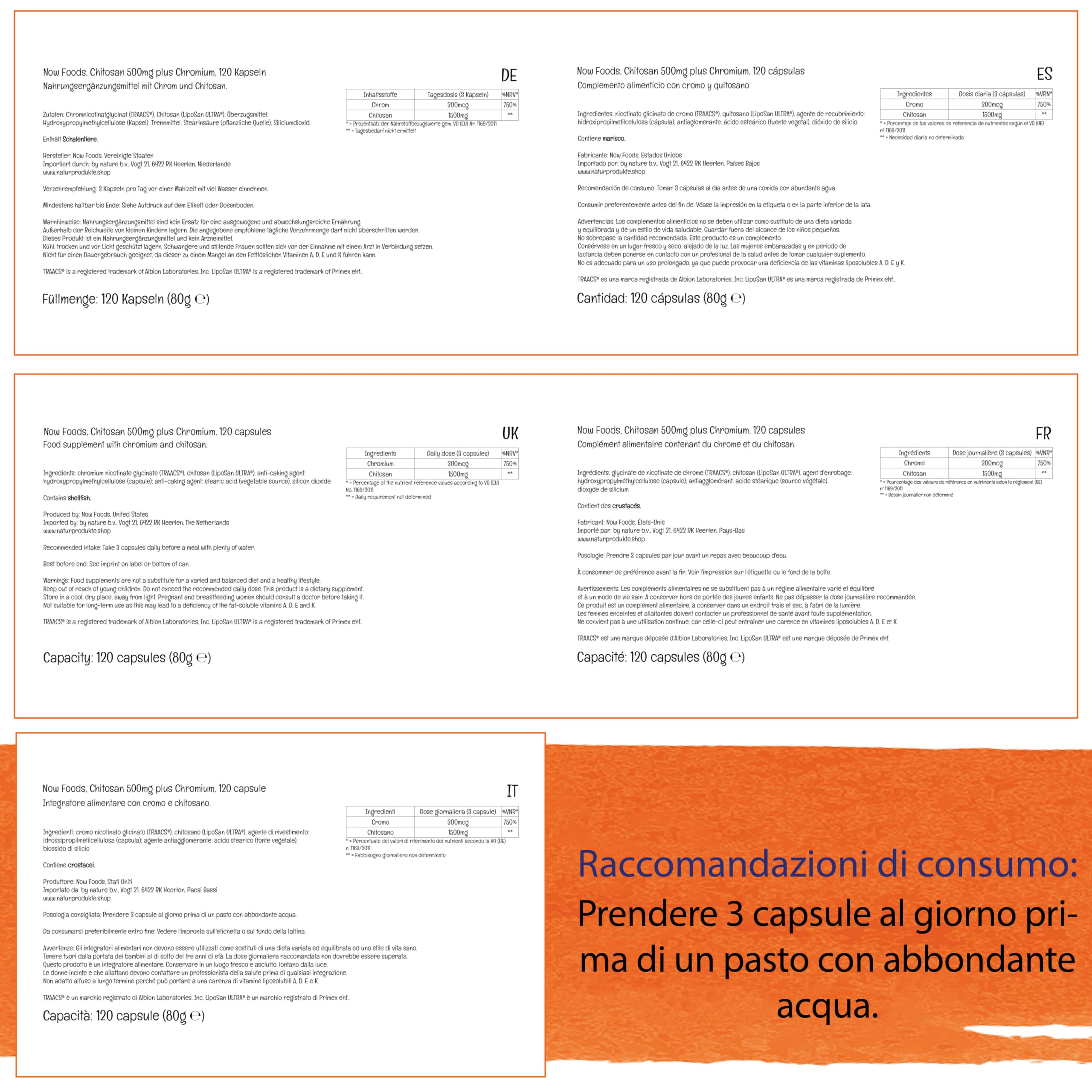 Now Foods, Chitosano 500mg, con Cromo, 120 Capsule, Testato in Laboratorio, Senza Soia, Senza Glutine, Non OGM