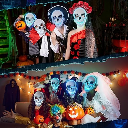 Miniatura 5 de 3 máscaras de Halloween con luces LED de calavera aterradora con alambre electroluminiscente, 3 modos intermitentes, accesorios de máscara de