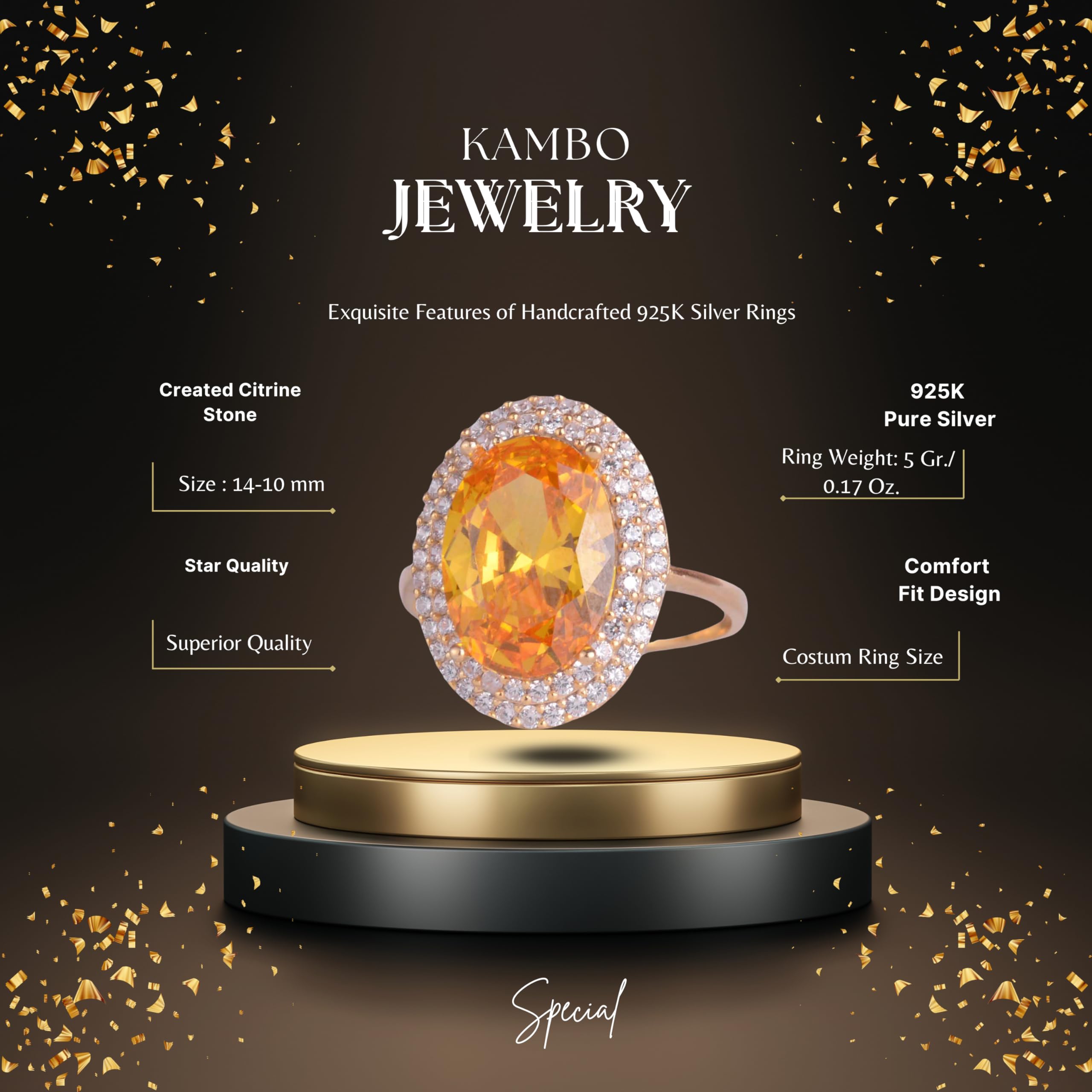 KAMBO Damen-Ring aus 925er Sterlingsilber mit erstelltem Citrin-Stein, eleganter vergoldeter Ring mit glänzendem Halo-Design, Silber, ohne Edelsteine, Silber, Kein Edelstein
