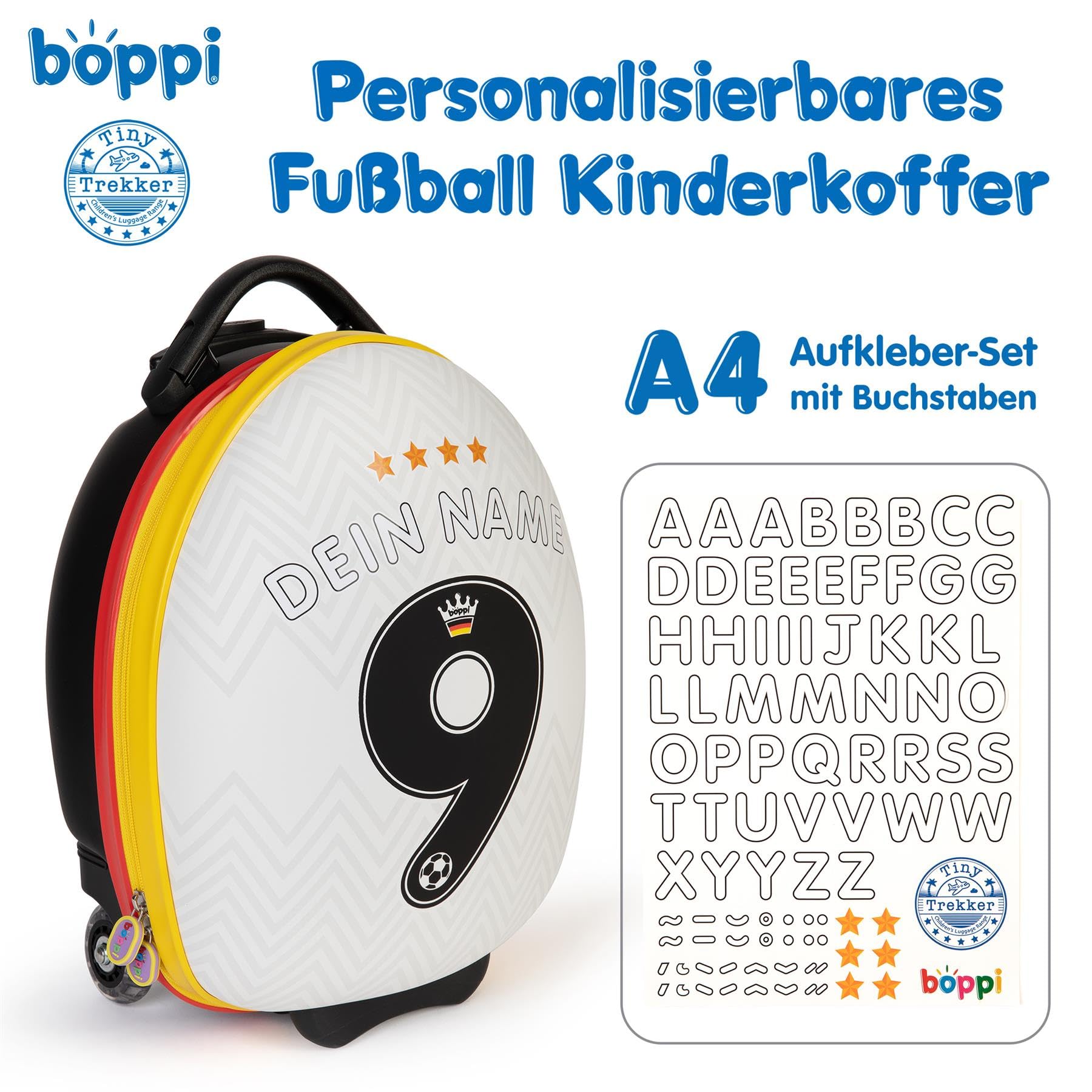 boppi Tiny Trekker Kinderkoffer mit Rollen 17L | Leichter Reisetrolley für Kinder Handgepäck Größe | Fußball Deutschland Design mit Stickern | Kinder Reisekoffer WM 2026 Weltmeisterschaft Fan Koffer