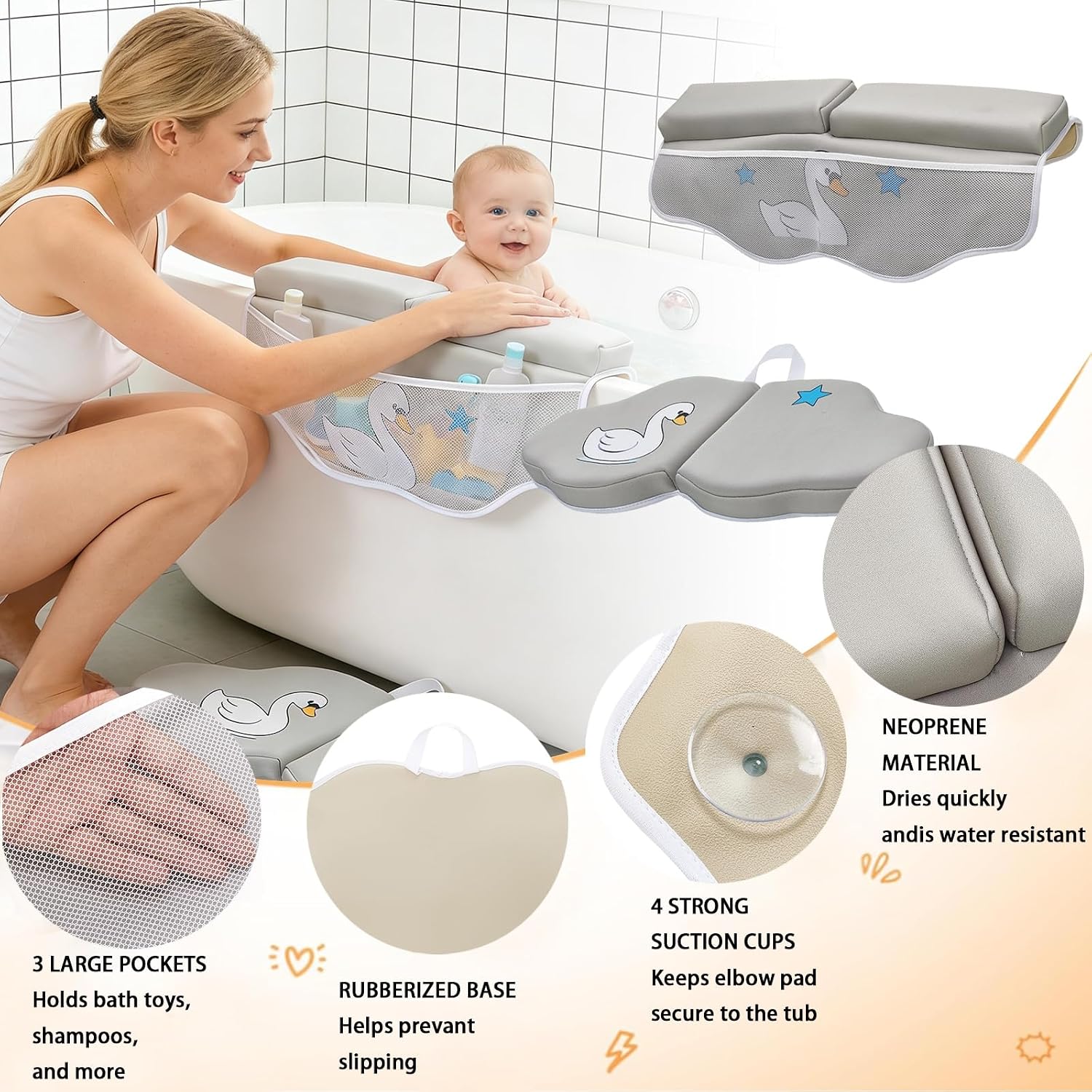 Bath Kneeler and Elbow Rest Pad Set, Bathtub Kneeling Pad with Elbow Support and Storage Pockets, Baby Bath Support Non-Slip, Machine Washable, Quick Drying for Comfortable Baby Bathing (Grey)