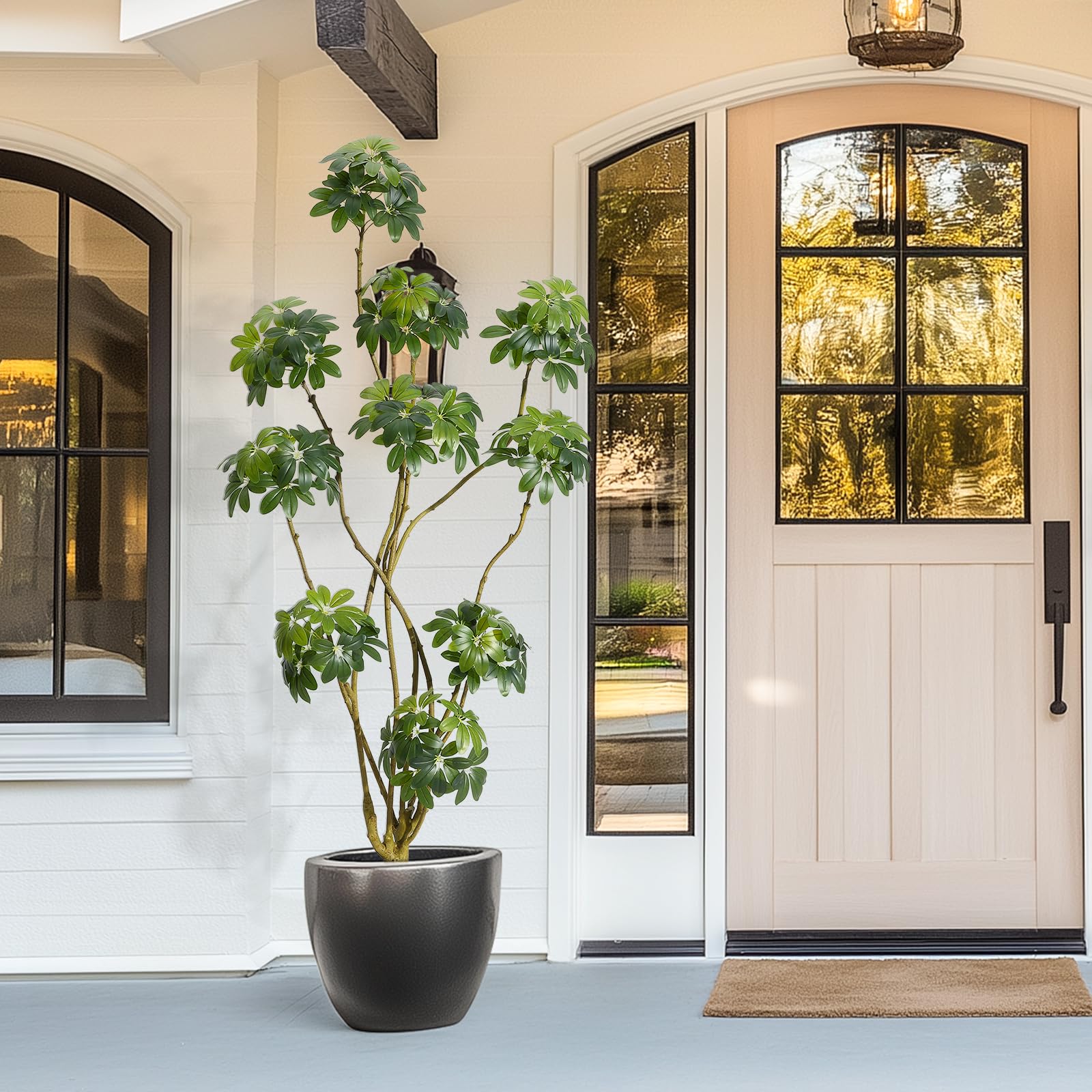 Garvee Künstlicher Schirm Scheffler Baum 210 cm, Künstliche Pflanzen Groß wie echt mit Stamm aus Naturholz, Kunstbaum Groß für Wohnzimmer, Schlafzimmer, Büro, Garten