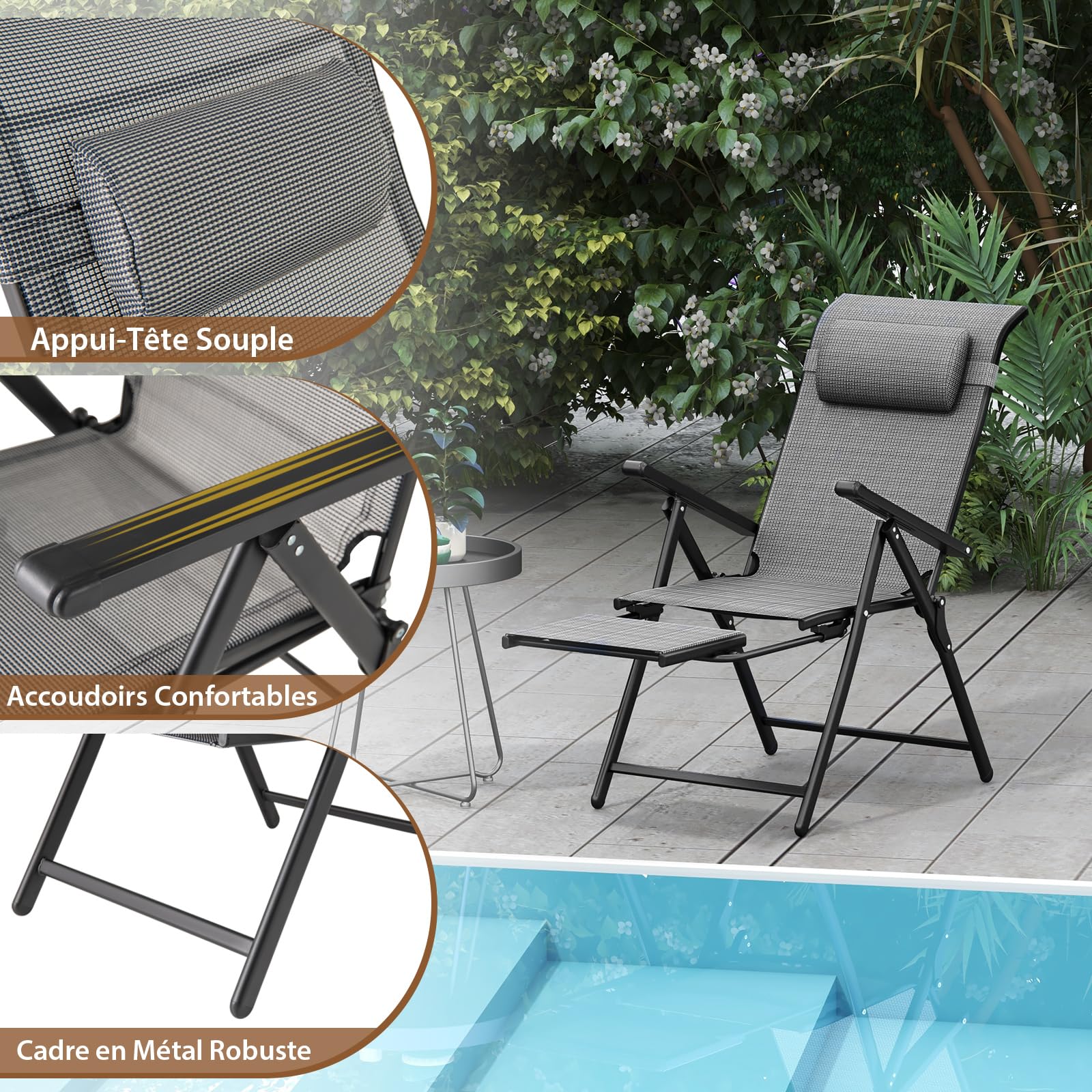 COSTWAY Chaises de Jardin Exterieur, Chaises Pliantes Réglables sur 10 Niveaux, Repose-Pied Rétractable, Appui-tête, Fauteuil Pliante pour Jardin Camping Piscine, Charge 150 kg (2)