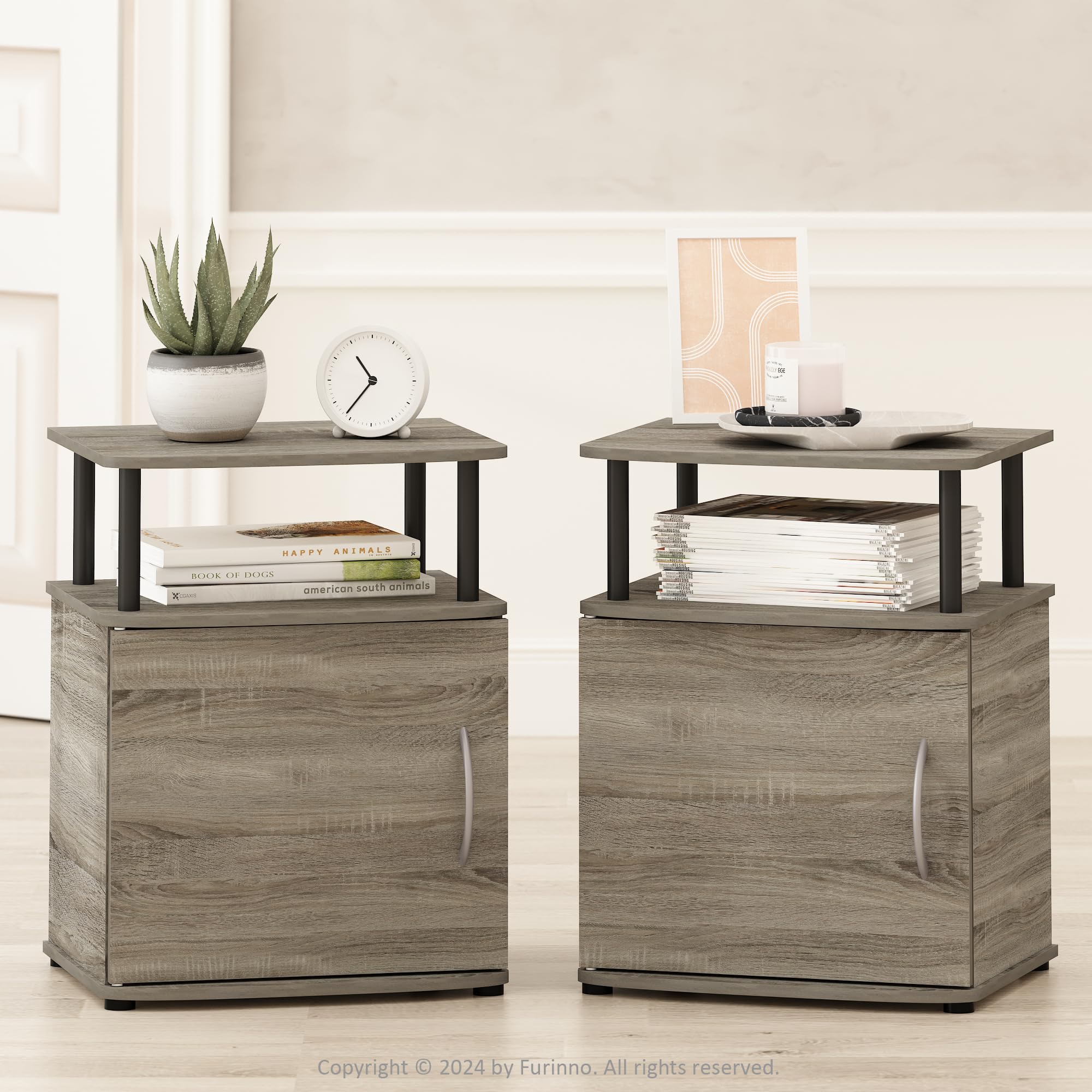 Furinno TIDUR Night Stand Set of 2, Nightstand with Open Shelf and Door Cabinet, Round Corner Bedside Table, End Table, Side Table, for Bedroom, Living Room, French Oak