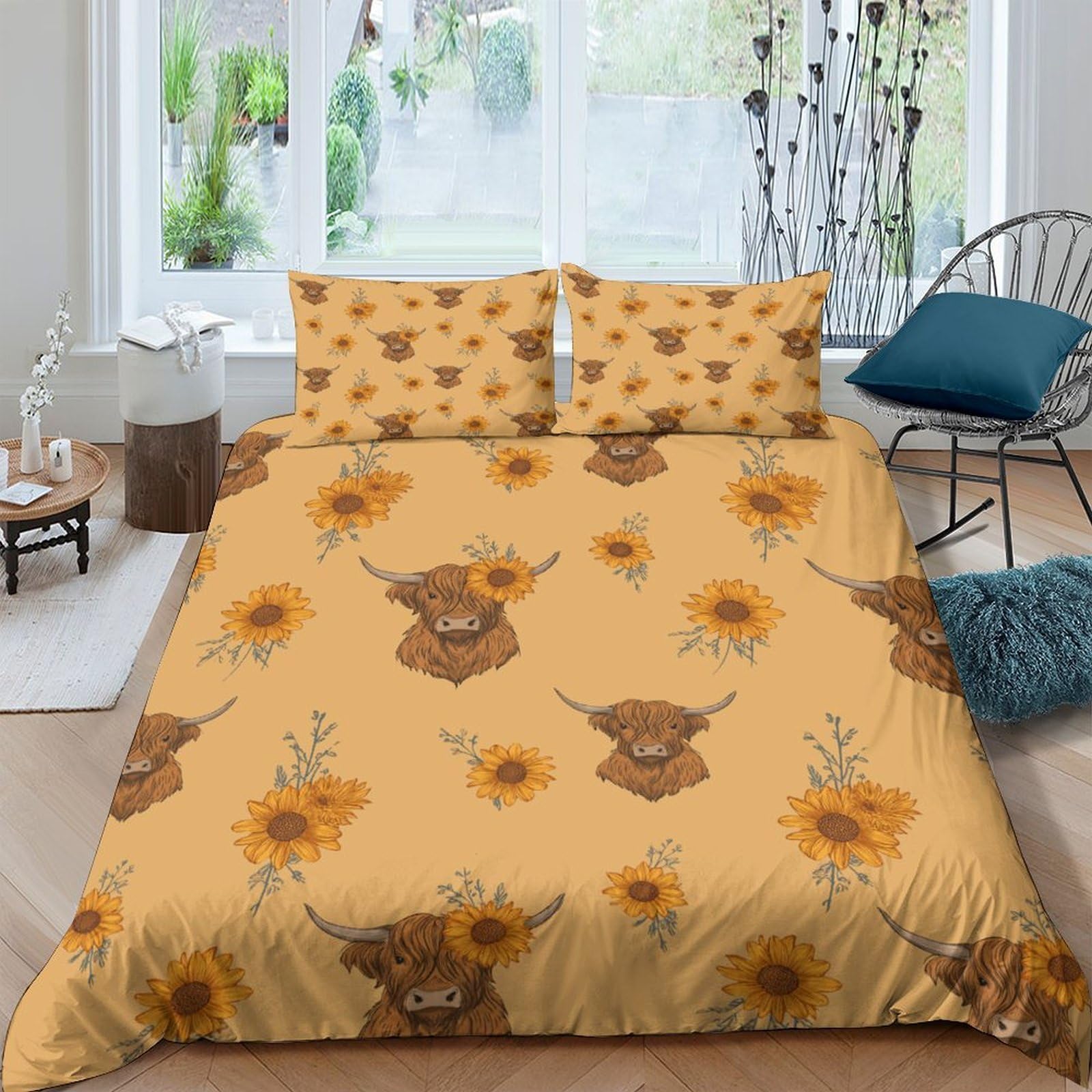 Ctjqhvkz Style-5 3D Printed Highland Cow Sunflower Fitted Sheet Microfiber Soft Yellow Bed Cover Bedroom Decor Mattress Protector Single（135X200cm）