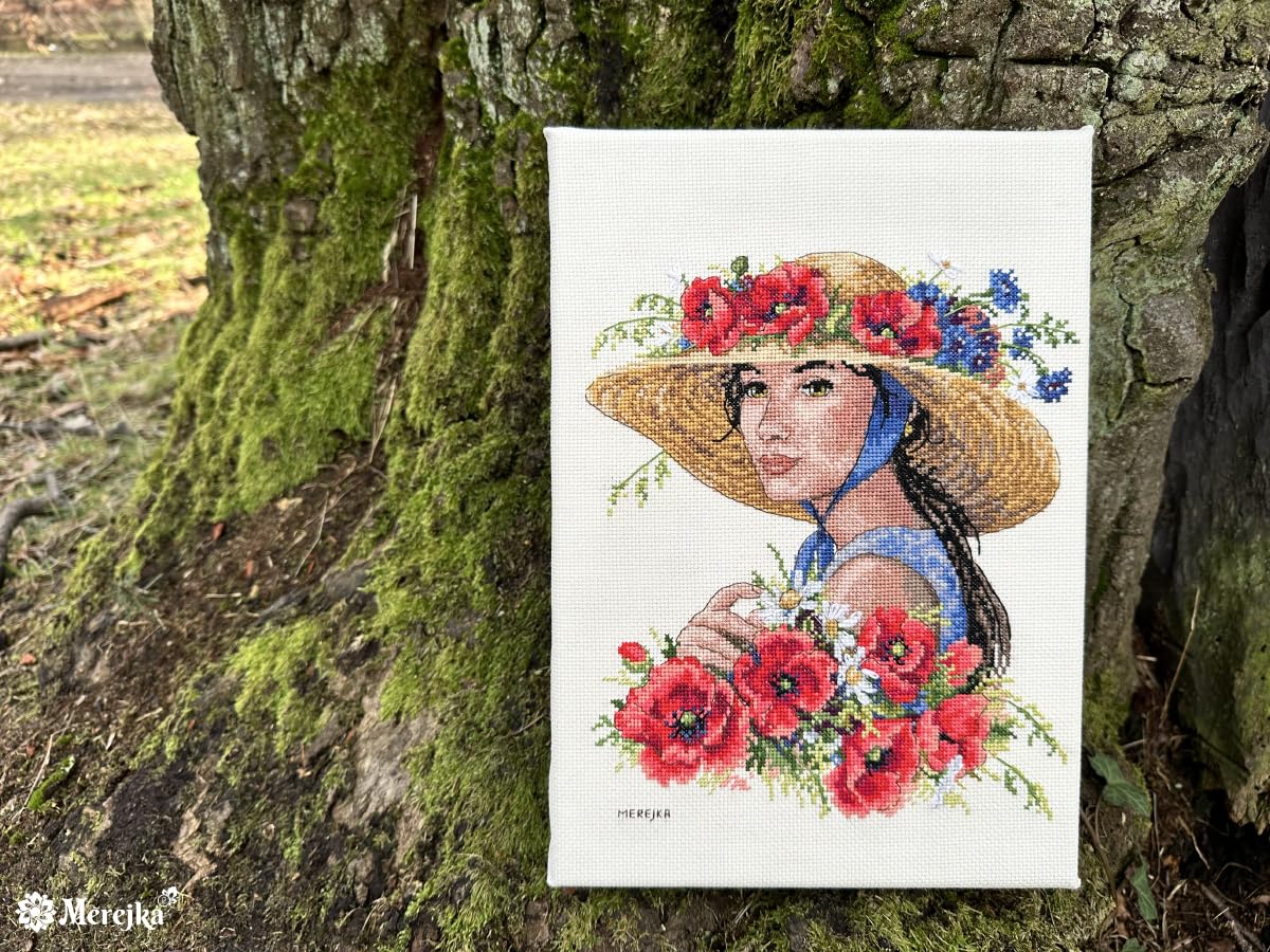 Merejka Kit de broderie au point de croix avec chapeau de fleur, Loisir Créatif Adulte, Kit Activité Manuelle