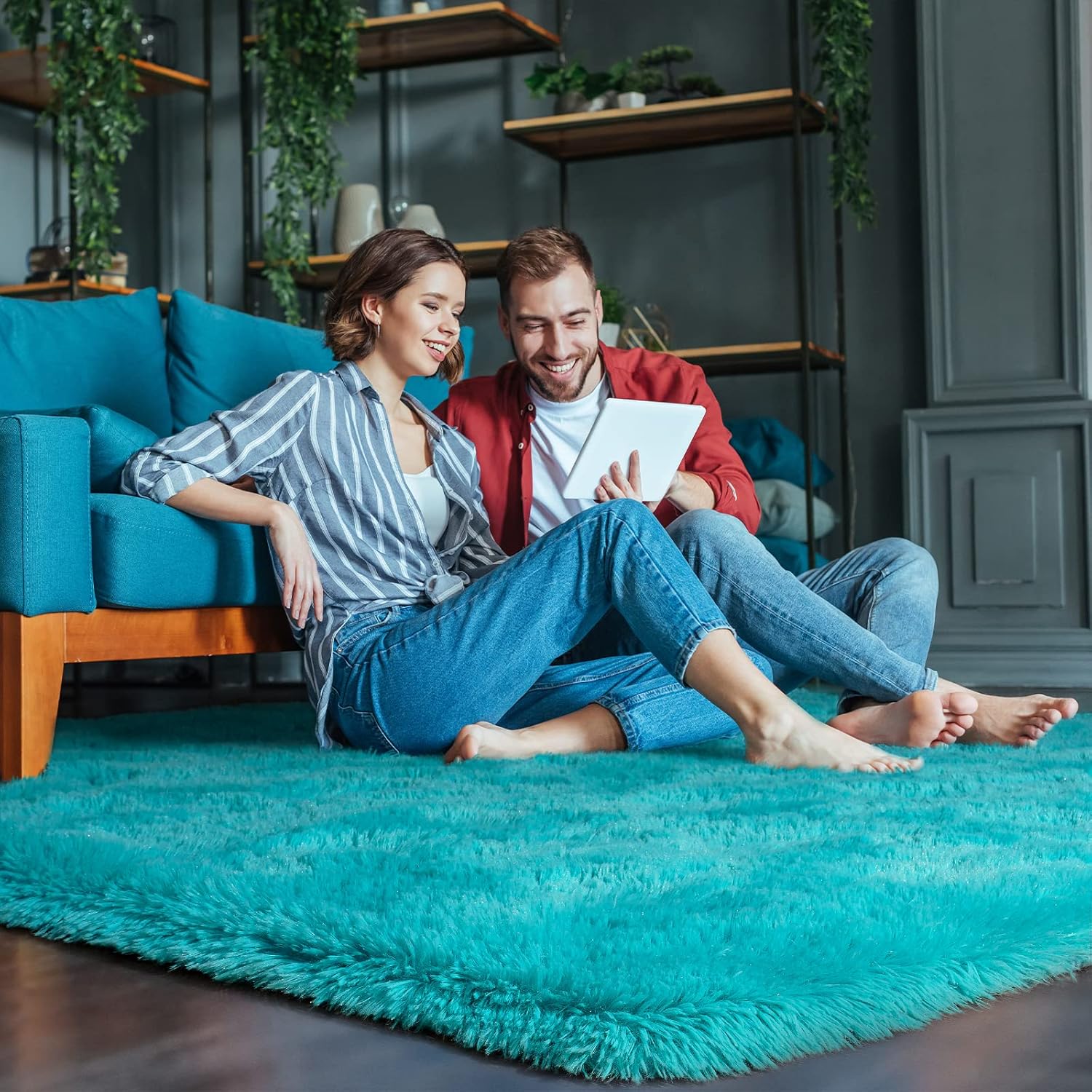 HOMORE Luxury Fluffy Area Rug Modern Shag Rugs for Bedroom Living Room, Super Soft and Comfy Carpet, Cute Carpets for Kids Nursery Girls Home, 4x6 Feet Turquoise Blue