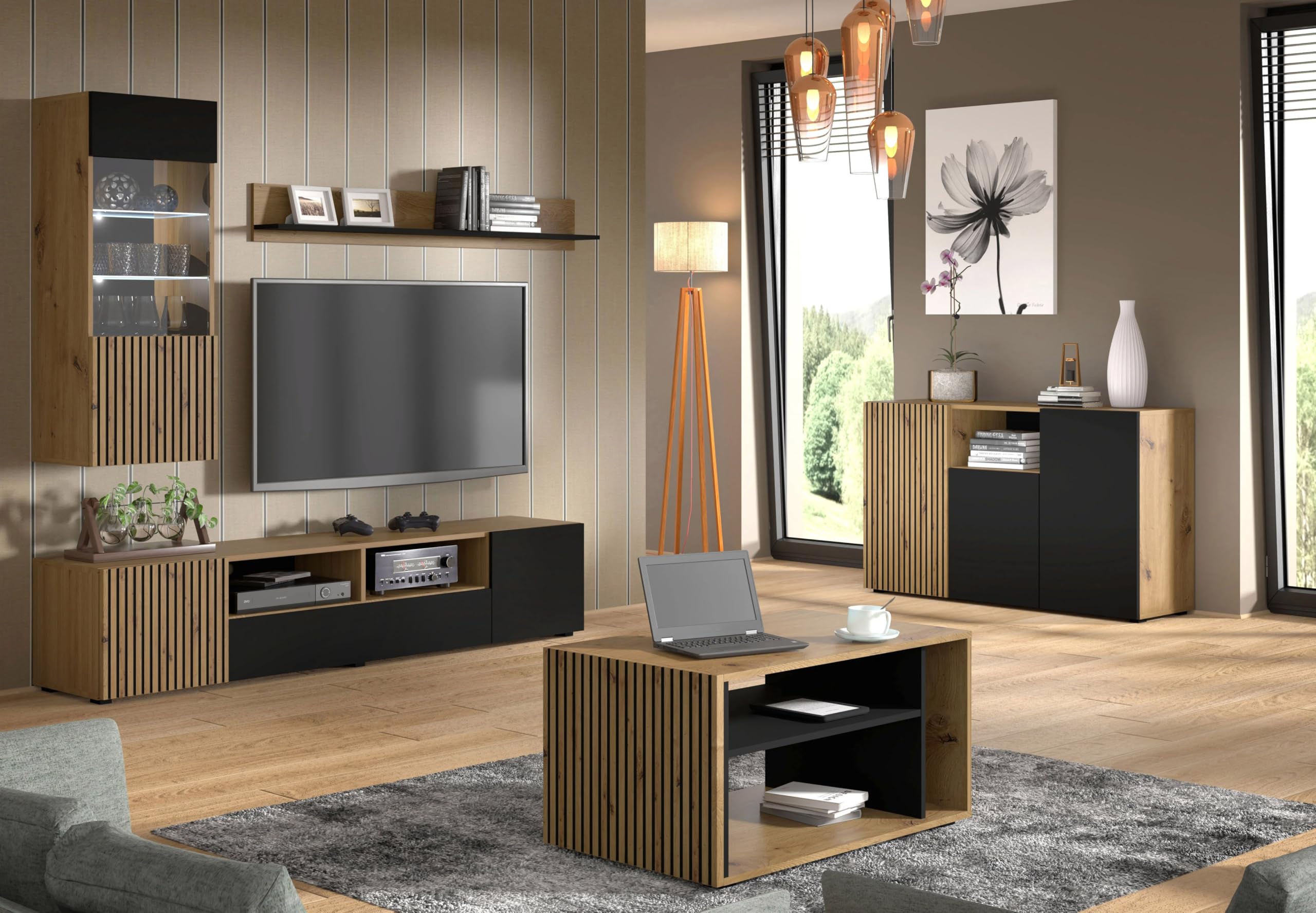 BIM Furniture TV Lowboard AURIS – 200x42x42 cm Stehend Wohnzimmermöbel, Grifflose Fronten, Fernsehtisch mit viel Stauraum, modernes TV Schrank – Eiche Artisan/Schwarz Matt