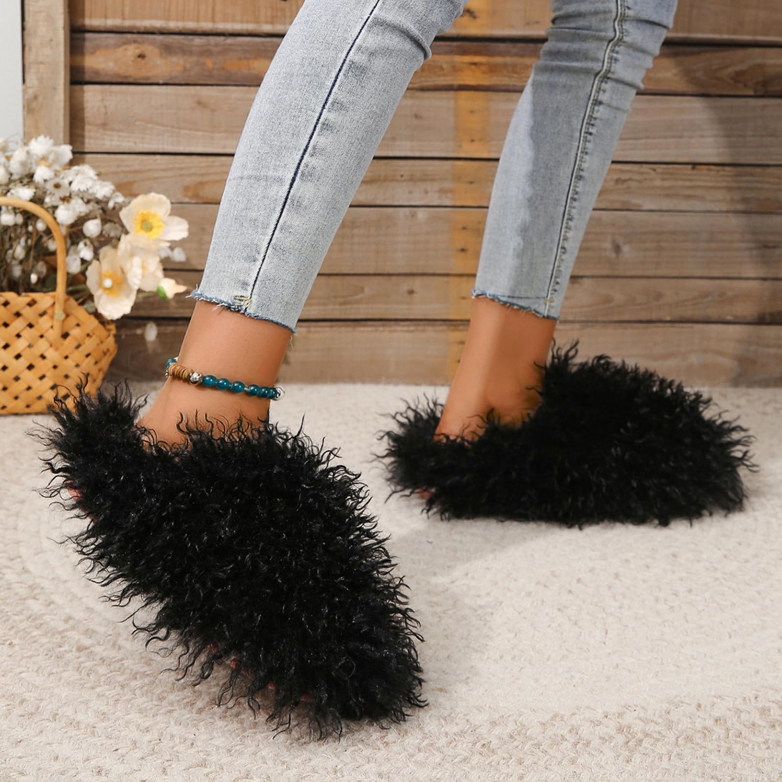 Pantuflas unisex de piel sintética mullida para mujer, de pelo largo y esponjoso, de piel sintética de oveja, para niñas, lujosas, grandes, esponjosas, planas, para exteriores, pelo largo y