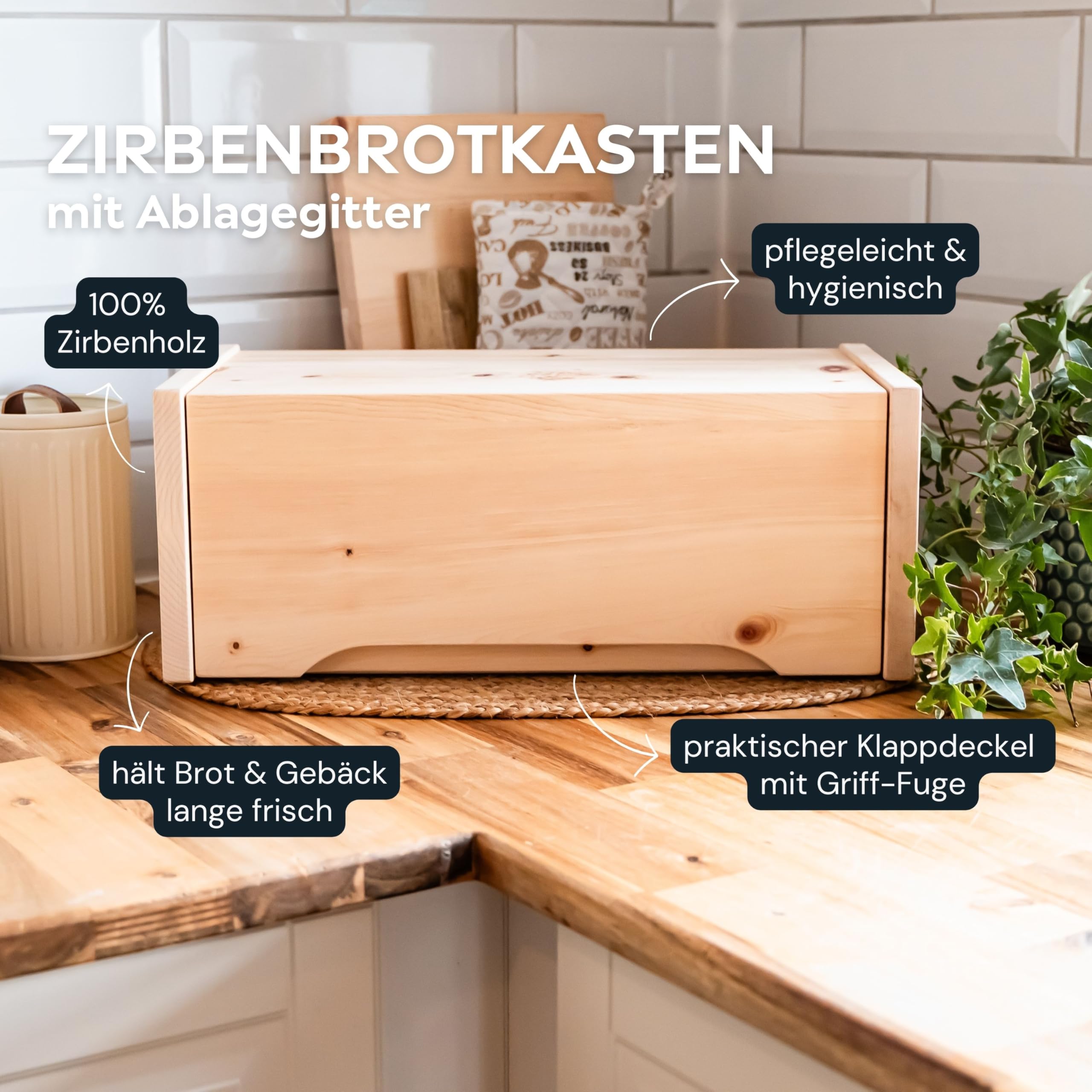 ZirbenBrotkasten - 2-teilig - Brotkasten + Ablagegitter - Maße: 450x250x180mm