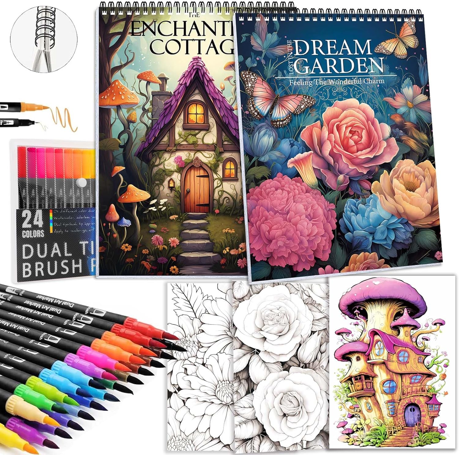 Adult Coloring Book for Women Relaxation, Spiral Bound Mindfulness Coloring Book with 24 Colors Markers for Adult, Anxiety Relief Gifts with 48 Pictures (Garden & Magic House) 24 colors &Garden & Magic House