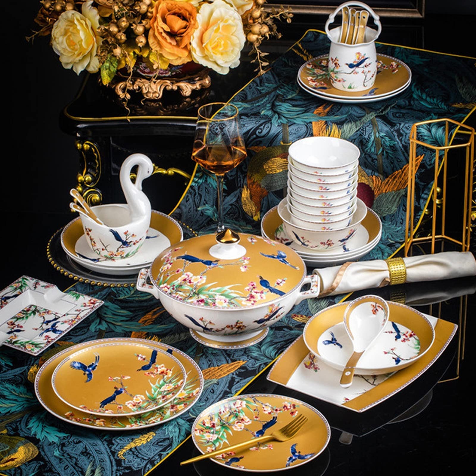 Zestaw Ceramicznych Naczyń Obiadowych W Stylu Retro, Piękny Zestaw Z Porcelany W Kolorze Złotym I Białym, Idealny Na Domowe Przyjęcie, Wesele, Hotel, Boże Narodzenie