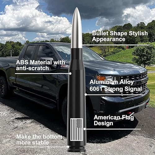 Vista 3 de Antena con válvula de neumático para automóvil y camión, antena corta universal de repuesto con bandera de EE. UU., accesorios para radio Plateado