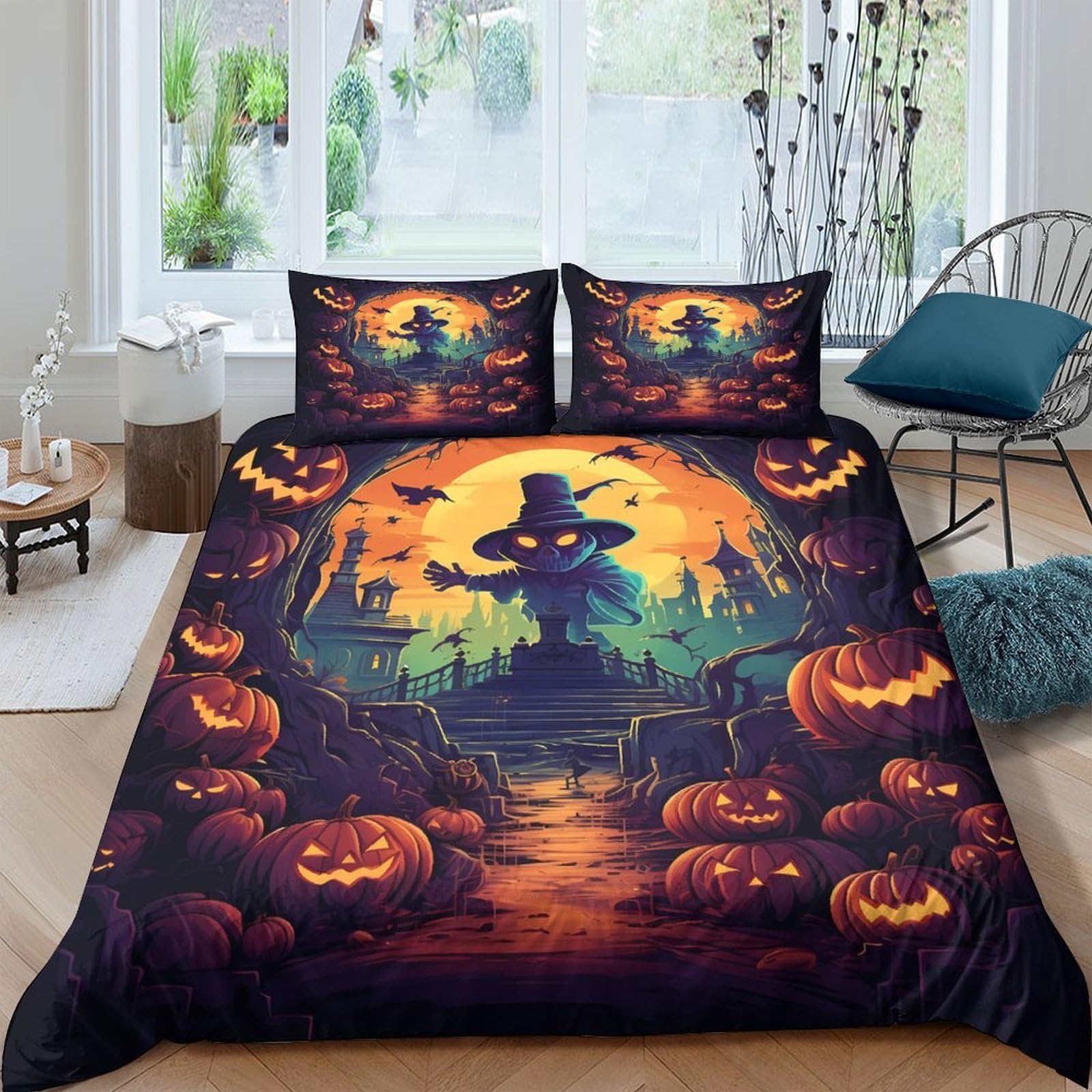 Ctjqhvkz Style-6 3D Printed Halloween Pumpkin Witch Fitted Sheet Microfiber Soft Breathable Bed Cover For Bedroom Guest Room Decor Single（135X200cm）
