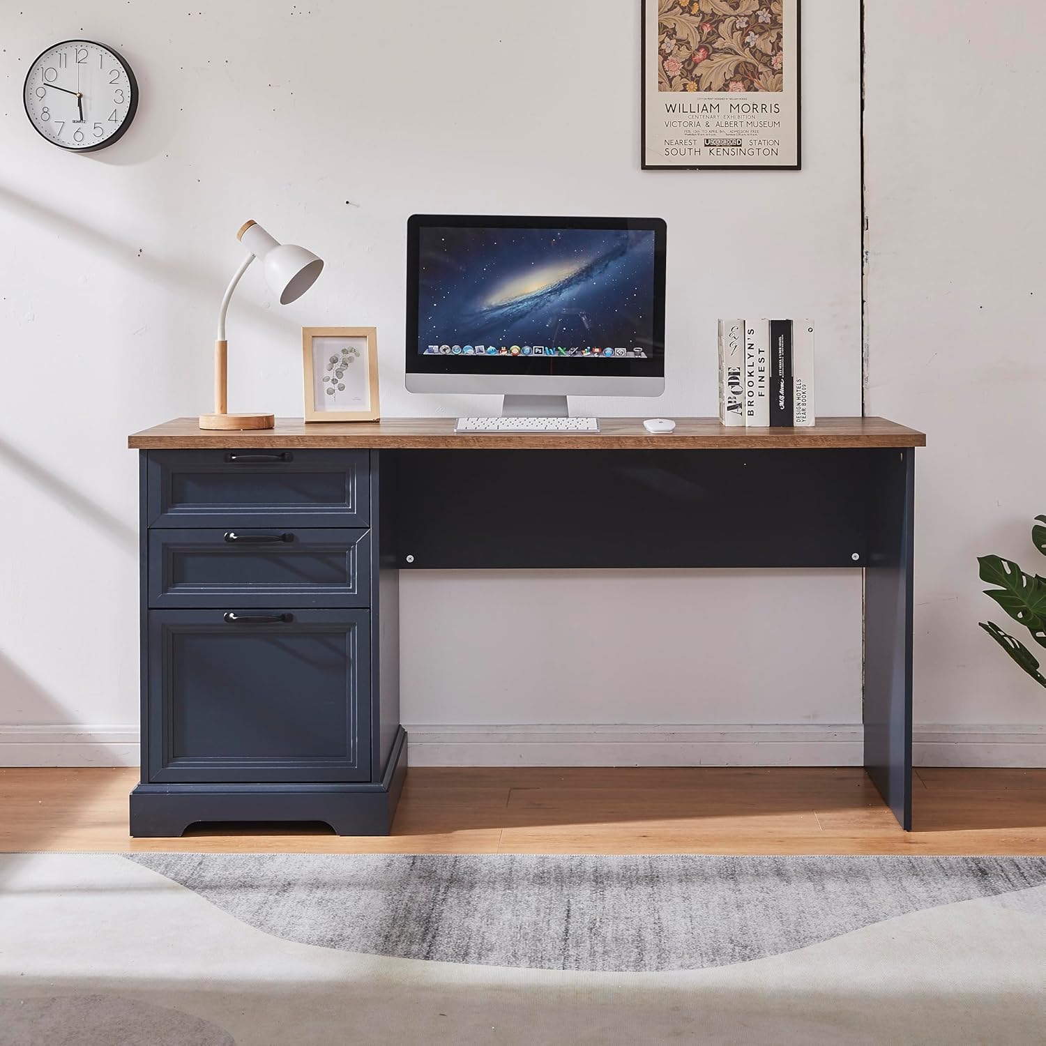 60" Farmhouse Executive Desk with Charging Station,Home Office Desk with 2 Drawers &1 File Cabinet,Fluted Computer Desk for Office and Home (Blue)
