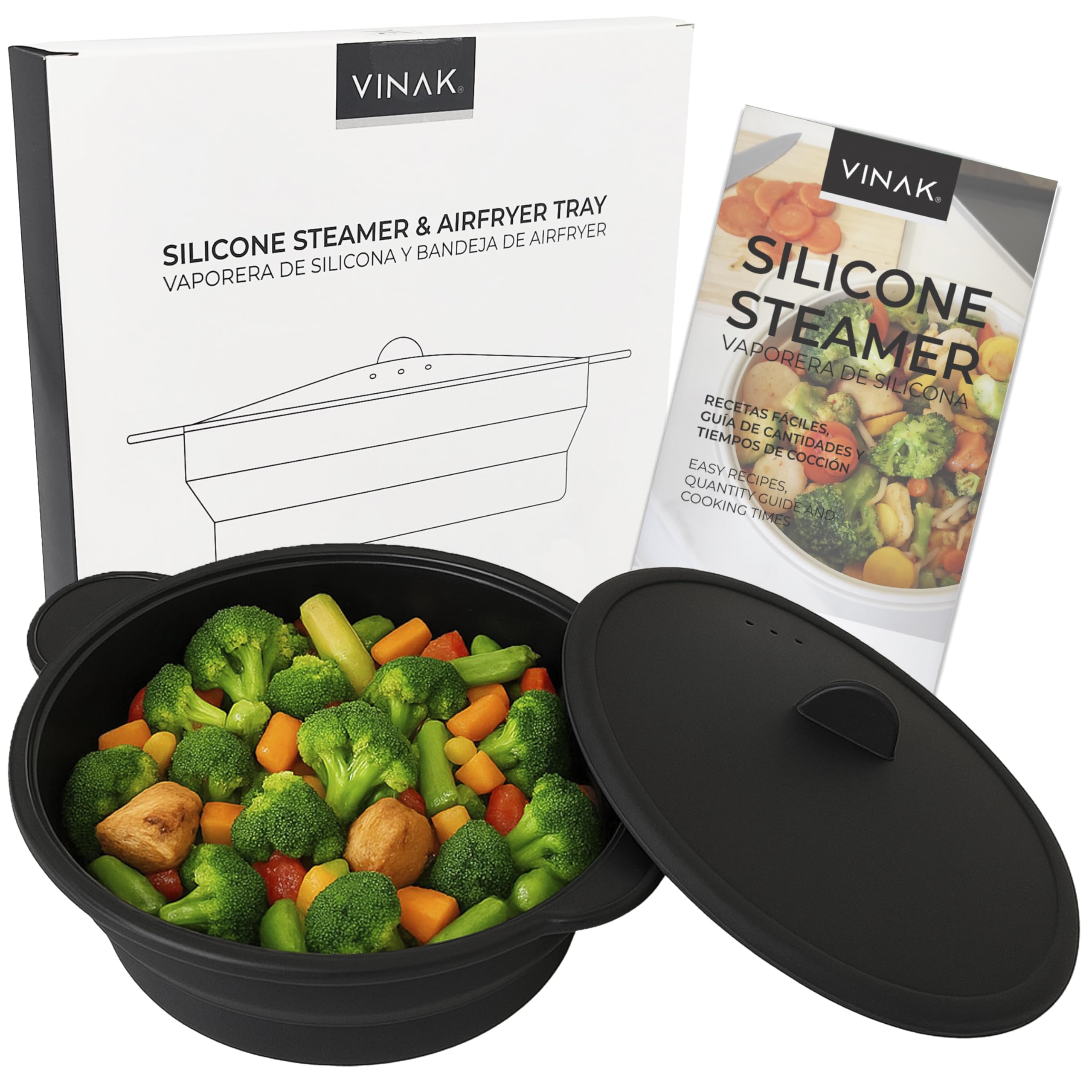 VINAK - Składany Parowar Silikonowy 1200ml do Mikrofali i Airfryer | Naczynie do Gotowania na Parze z Dwustronną Tacką