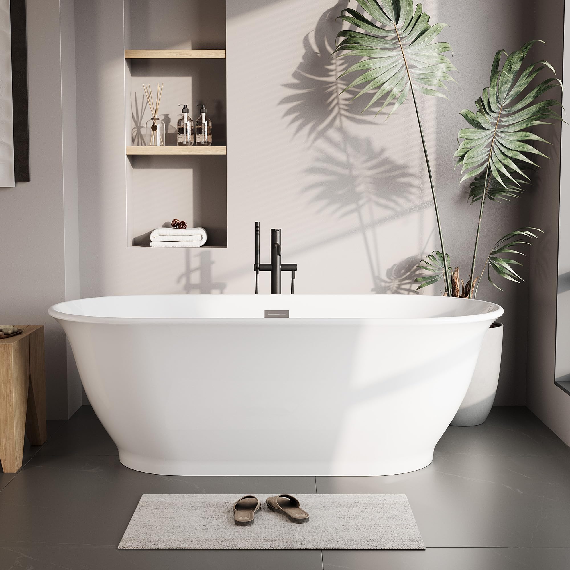 67 Inch Freestanding Bath Tub Acrylic Oval Soaking Tub – Extra Large Freestanding Bathtub with Integrated Overflow, Glossy White Stand Alone Soaking Tub for Family Bathroom or Main Suite Upgrade