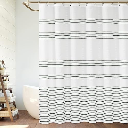 Vangao Cortina de ducha a rayas blancas y negras, impermeables, de tela texturizada, para baño, juego de cortinas de ducha de estilo moderno de