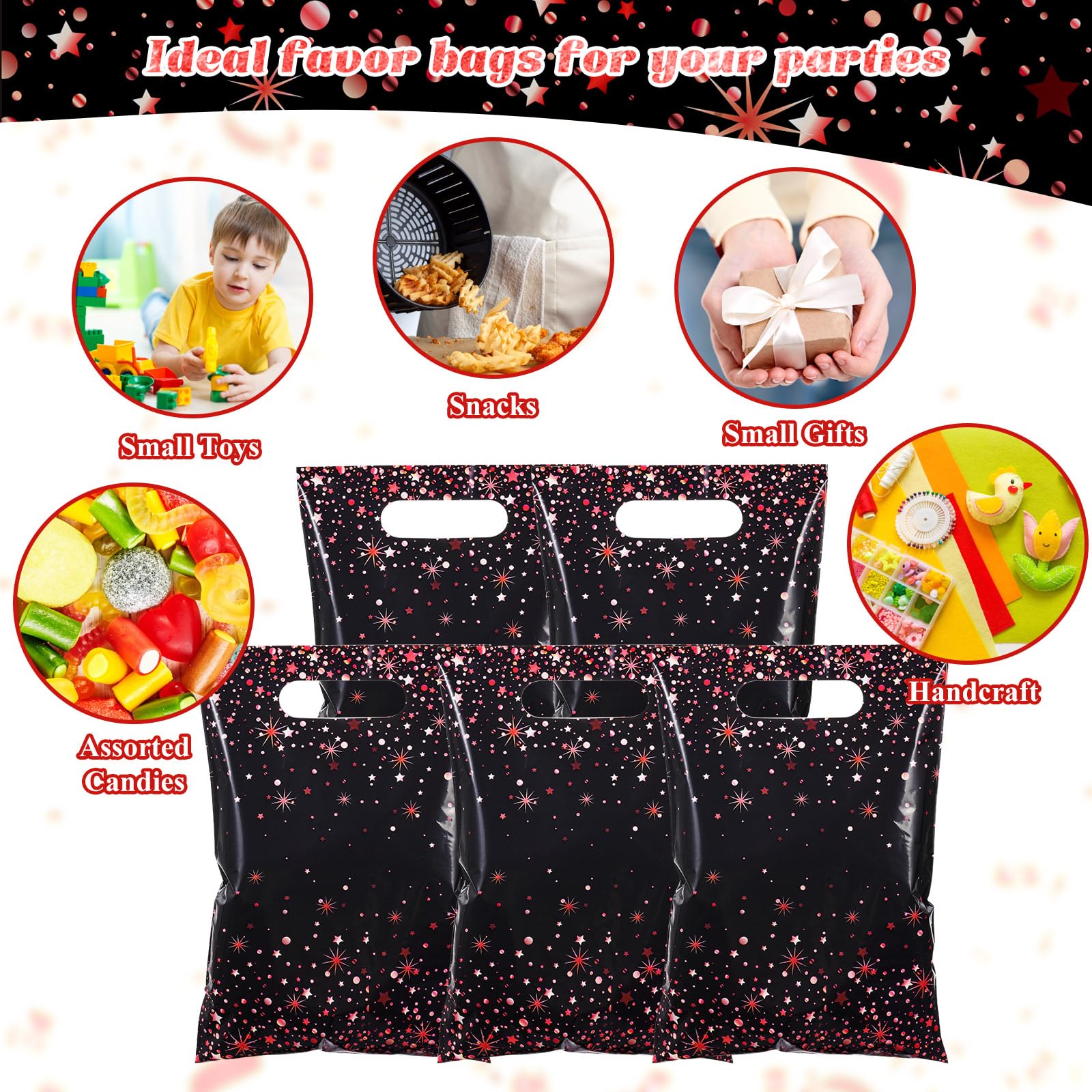 Pasimy 50 Stück schwarze und rote Party-Geschenktüten, gestanzt, Kunststoff, Leckerli-Merchandise-Artikel mit Griff, für Geburtstagsparty, Hochzeit, Brautparty, Babyparty, Weihnachten, Neujahr