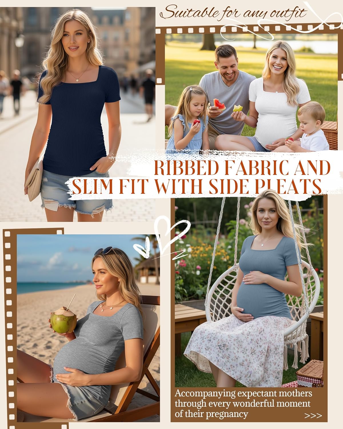 Huukeay 4 Pack Women's Maternity Shirts Cotton Ribbed Short Sleeve Square Neck Pregnancy Tops Side Ruched Summer Tee - Image 2