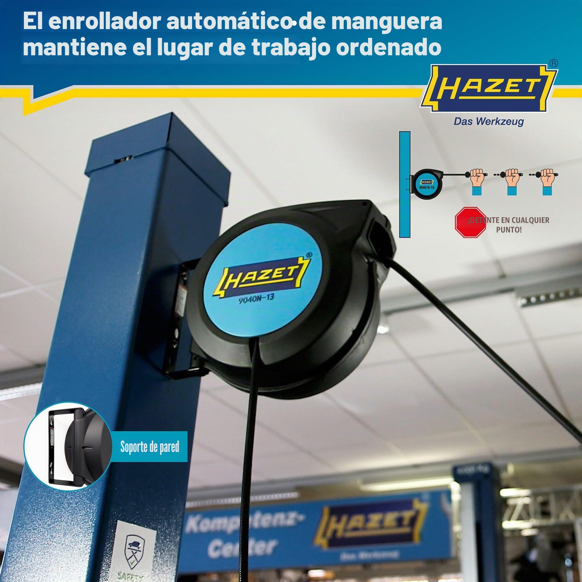 Enrollador de mangueras HAZET 9040N-13 I Longitud de la manguera 15 m, diámetro interior: 13 mm, presión: 20 bar para aire comprimido y agua I Enrollador de mangueras de aire comprimido