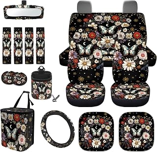 Pensura Butterfly Flowers 16pcs Car Accessories Set, Universal Seat Belt Pad Steering Wheel Cover Car Window Shades Trash Bag Air Vent Pouch Cup Holder Coaster Rearview Mirror Cover Fit Vehicles