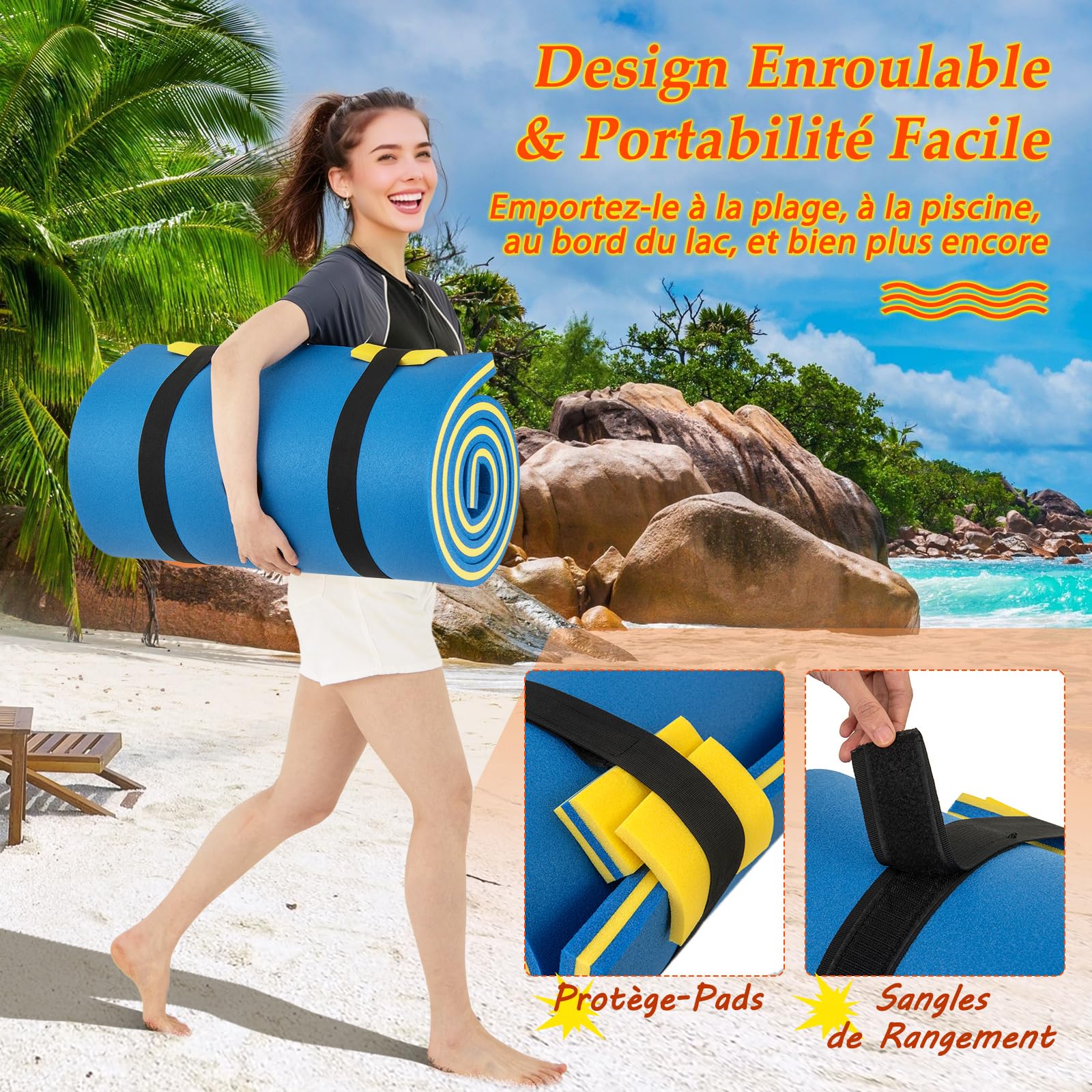 Matelas Flottant XPE 210x90cm - Tapis Piscine Lac Mer Charge 100kg - Bleu Jaune