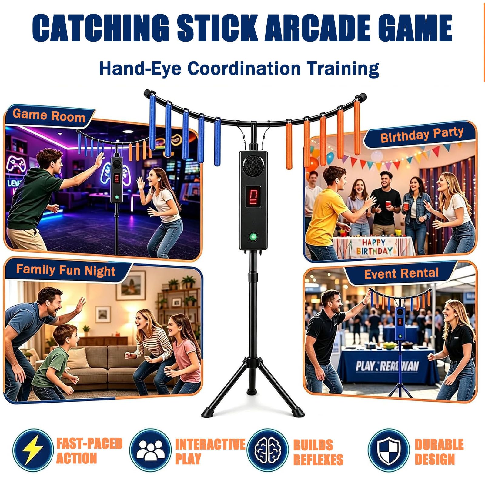 Máquina recreativa de Entrenamiento de coordinación Ojo-Mano con Velocidad Ajustable, Catch Stick, 10 Palos, trípode Ajustable, MP3, Luces LED Yellow