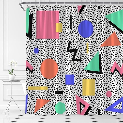 Cortina de ducha geométrica de los años 80 y 90, moderno, rectangular, triangular, diseño de rayas circulares, Memphis, juego de decoración de baño