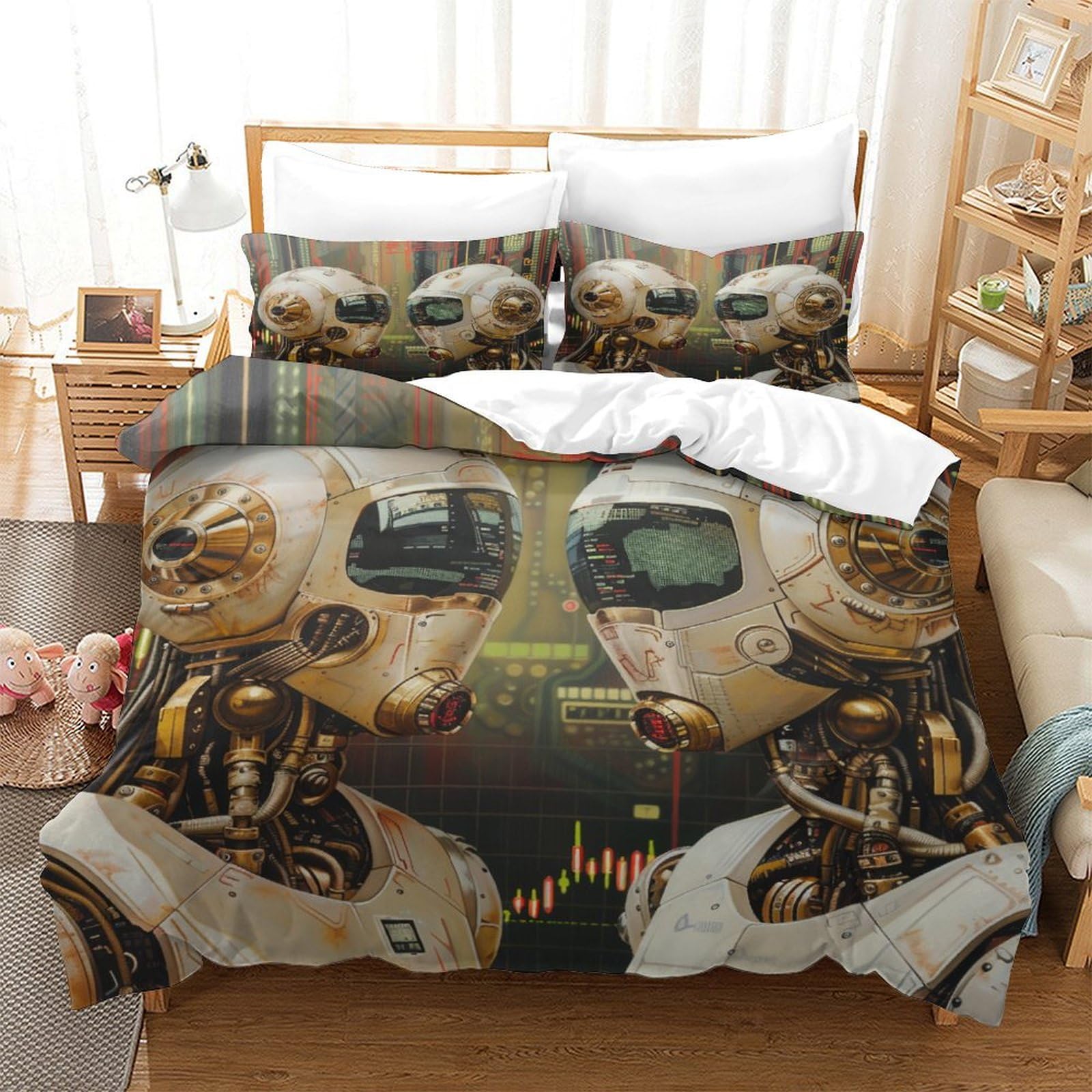 P1S9U7W5Y 3D Printed Futuristic Robot Microfiber 3pcs Duvet Cover Set Cyber Mechanical Bedding Set King（220x240cm）