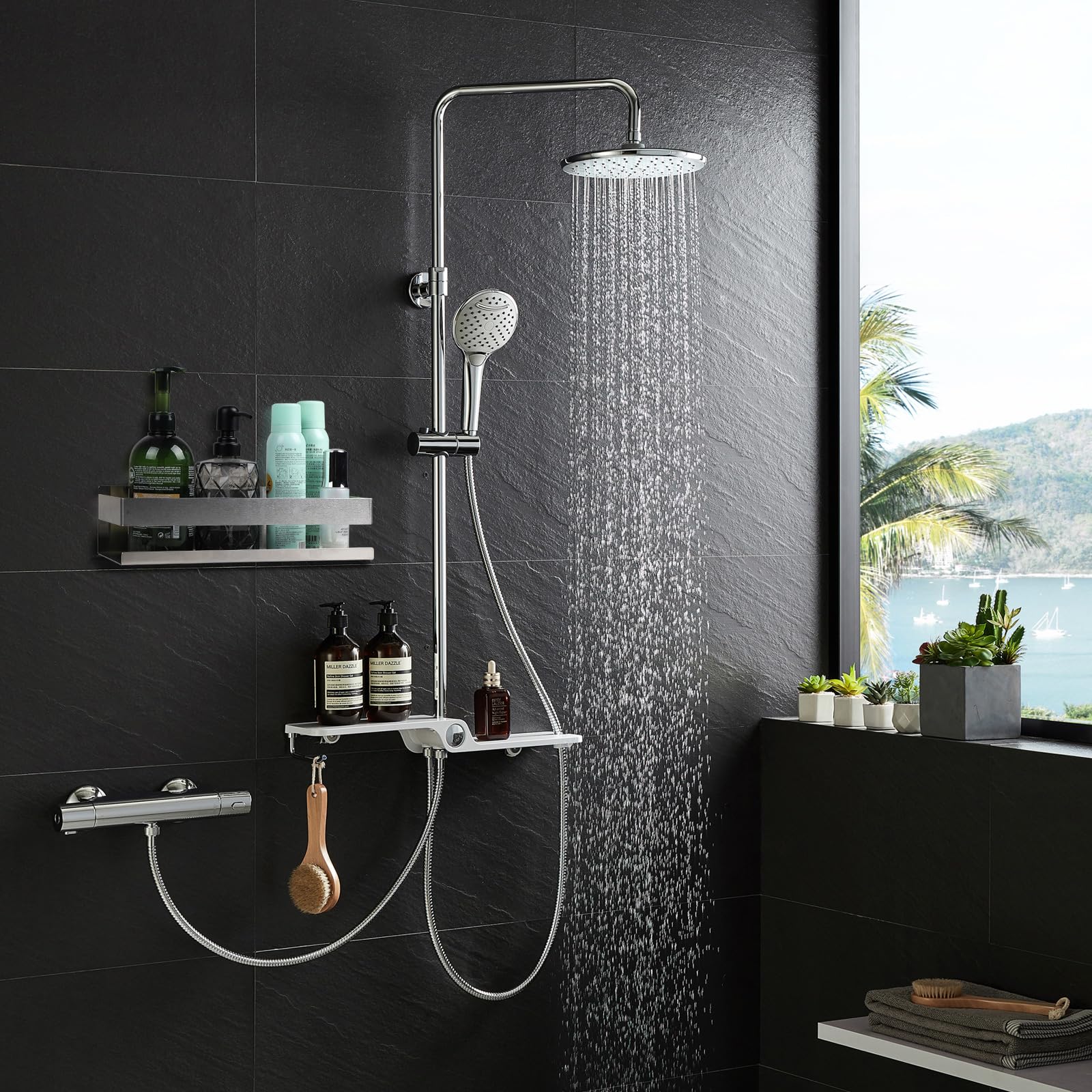 EXLECO Mensola Doccia Senza Foratura 30 CM Acciaio Inox Cromo Spazzolato con 2 Ganci Mobili Porta Shampoo