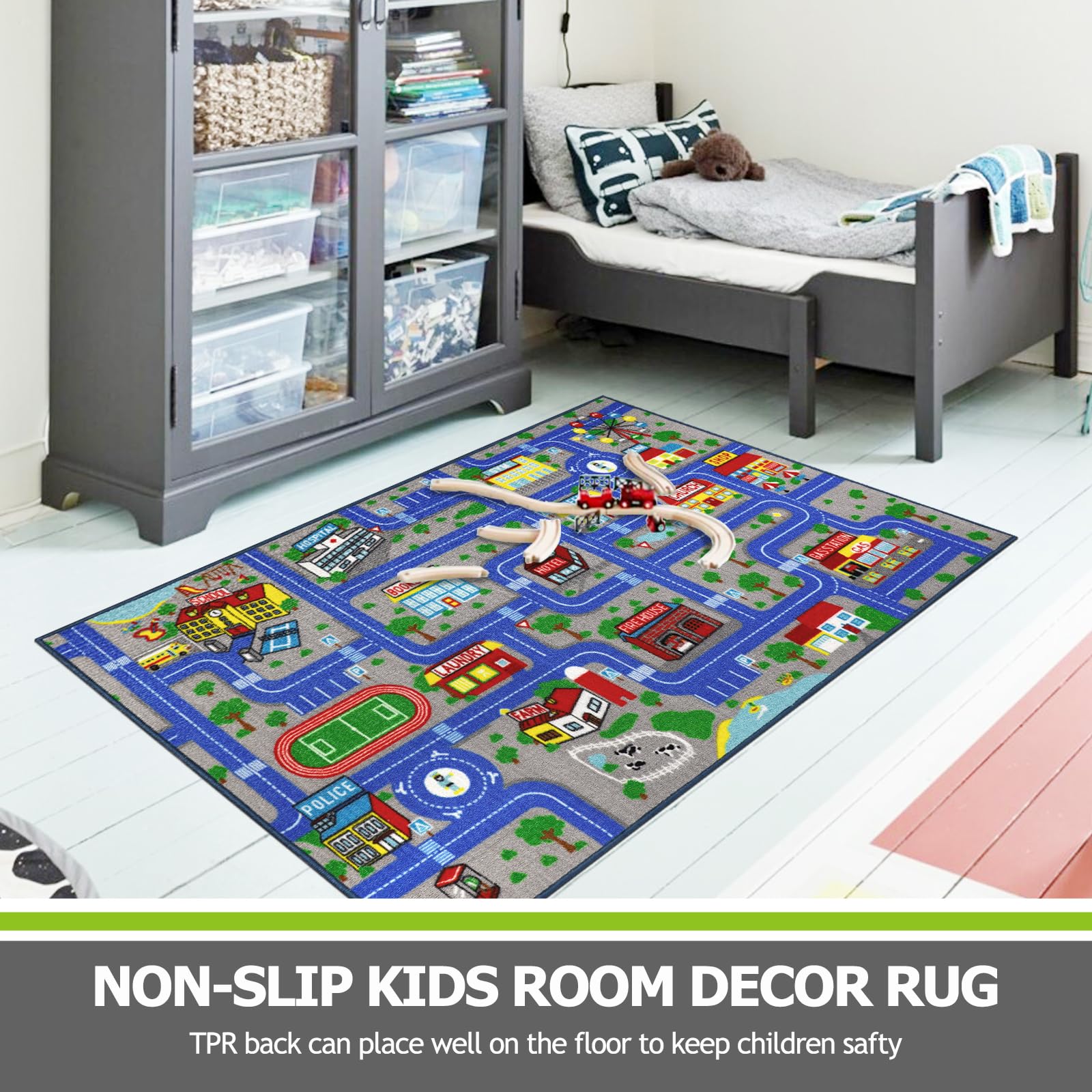 Alfombra azul para niños, alfombra de juego para niños, alfombra de juegos para niños, alfombra de juego para niños, antideslizante, lavable, mapa de la ciudad, alfombra de pista de carreras 6