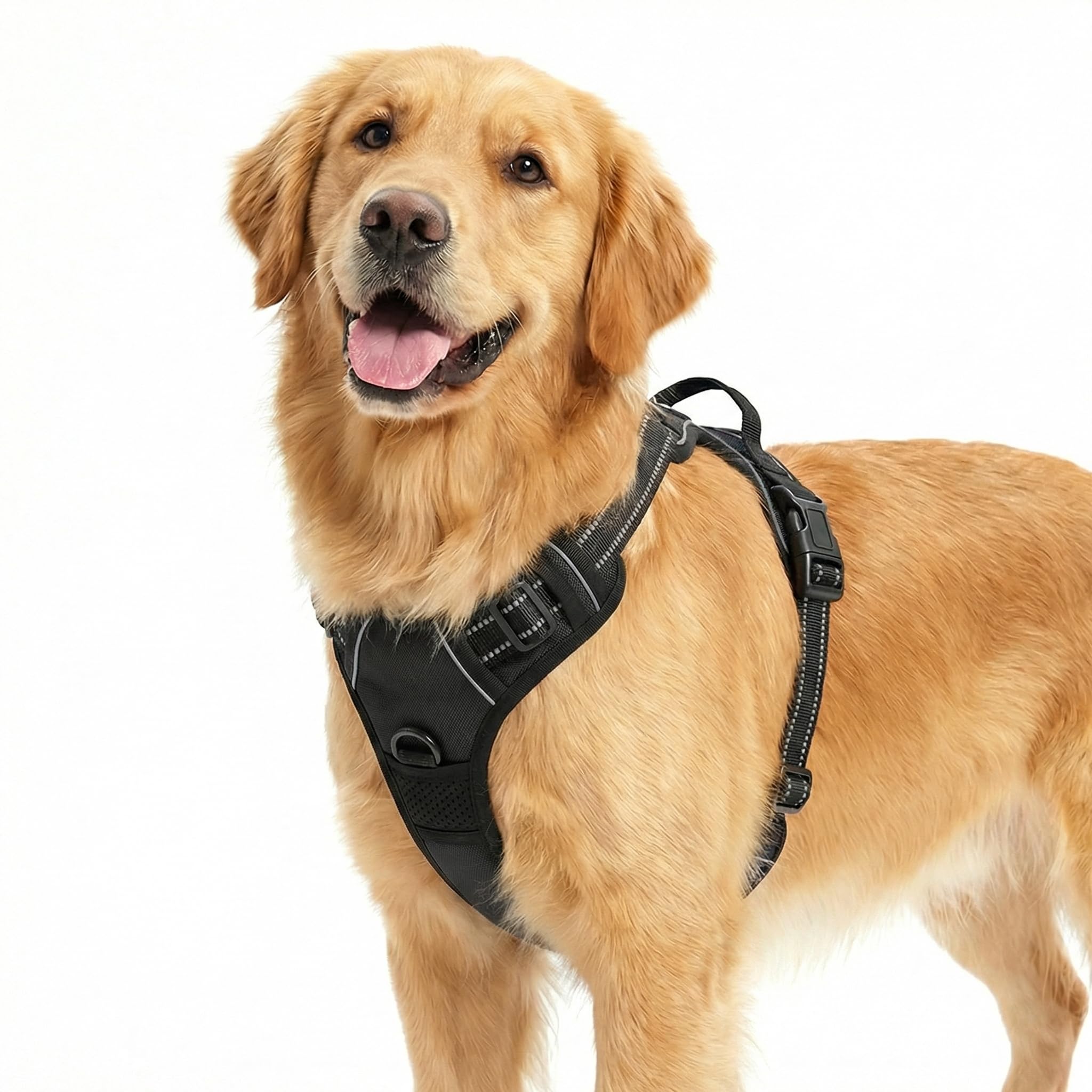 Funfox Dog Harness Large Dog, 2 Clips No Pull Vest Harness Handle Control, Adjustable Pet Harness with Reflective Strips Outdoor Traction Specialized Chest Harness Safe Walking Dog, Black, L