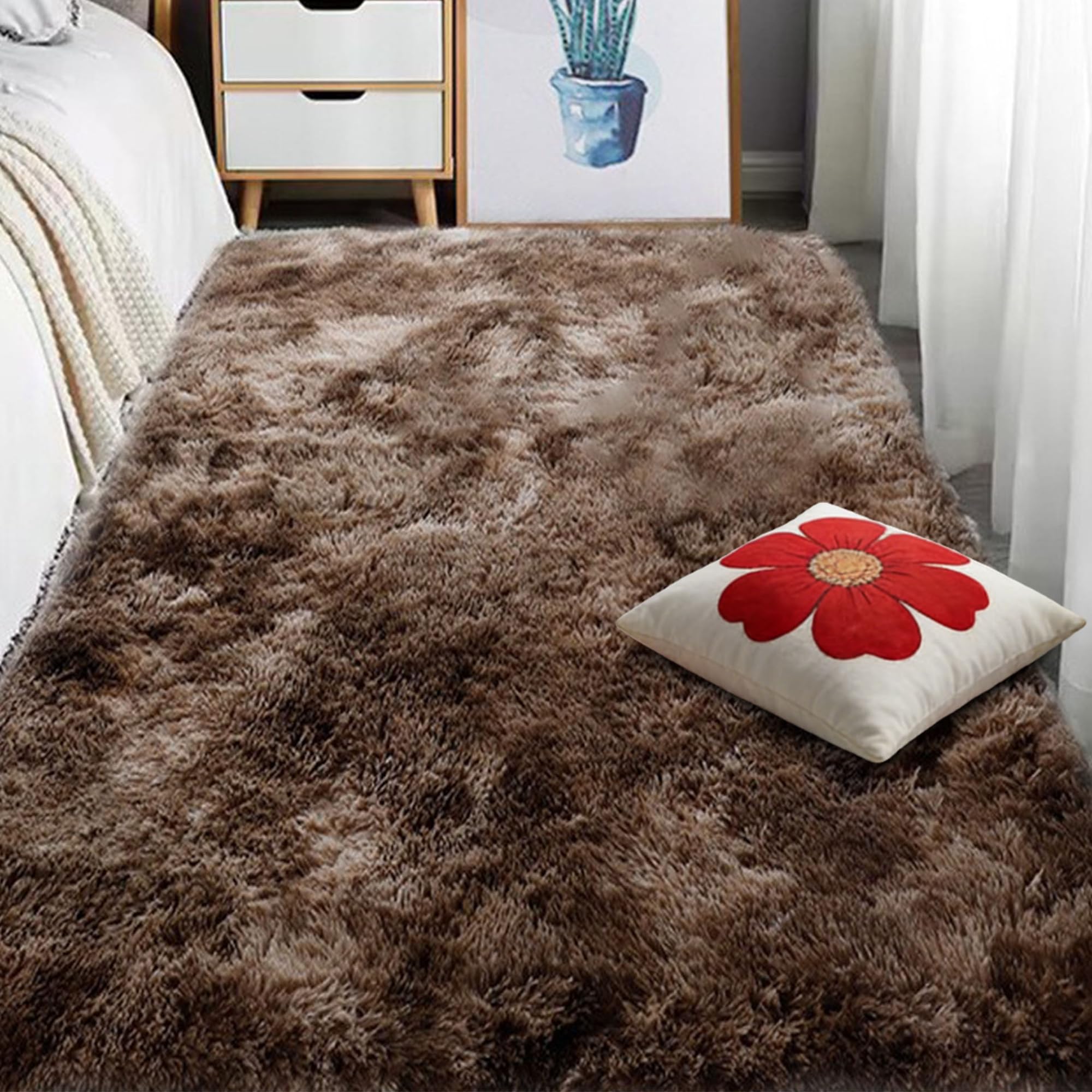 Tapis de salon moderne à poils longs marron grand format 260x350 pour chambre
