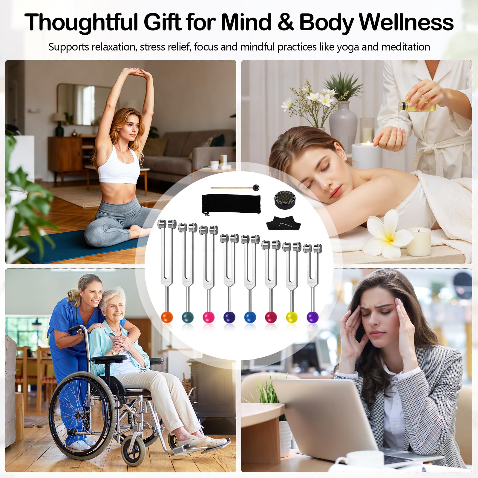 Solfeggio Chakra Set di diapason per yoga, meditazione e terapia del suono, con panno per la pulizia, sacchetto e attivatore per rilassarsi, alleviare lo stress e armonizzare l'esperienza sonora