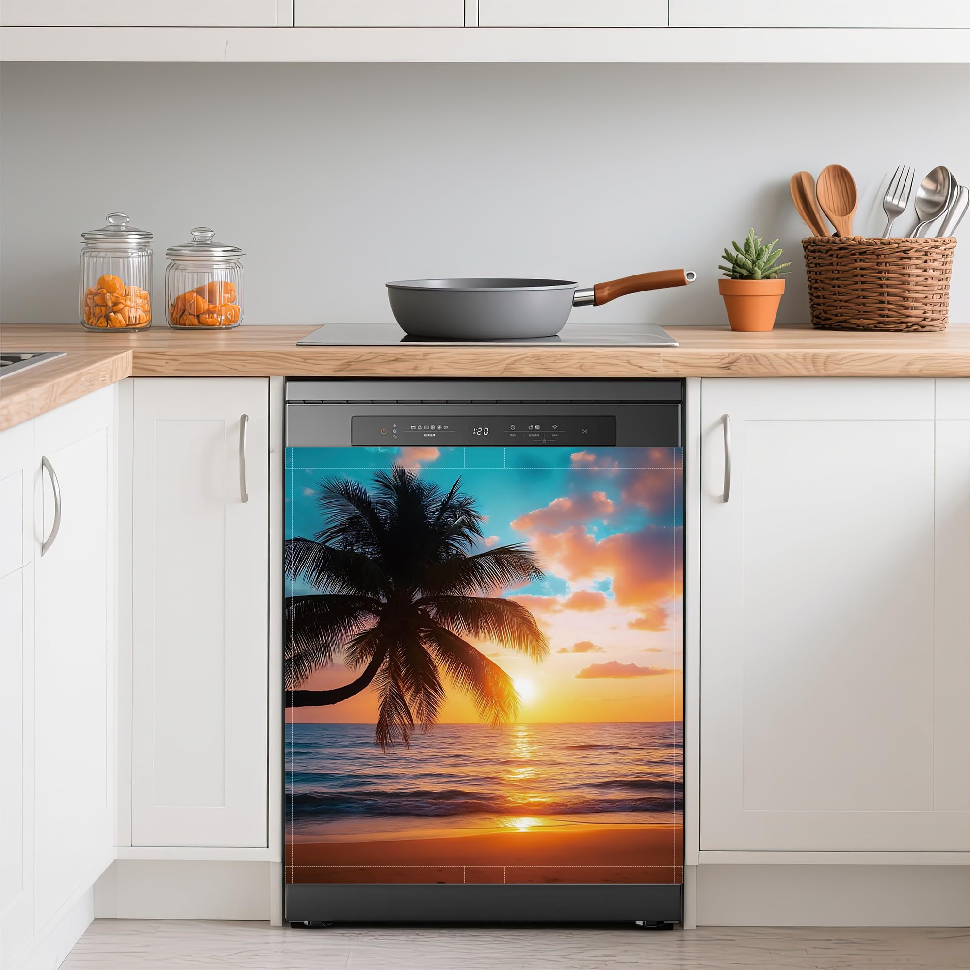 Dishwasher Magnets Decorative Cover,Coconut Tree Refrigerator Magnet Cover,Washable Summer Beach Sunset Dishwasher Front Panel Cover Home Kitchen Decoration 23x26 Inch