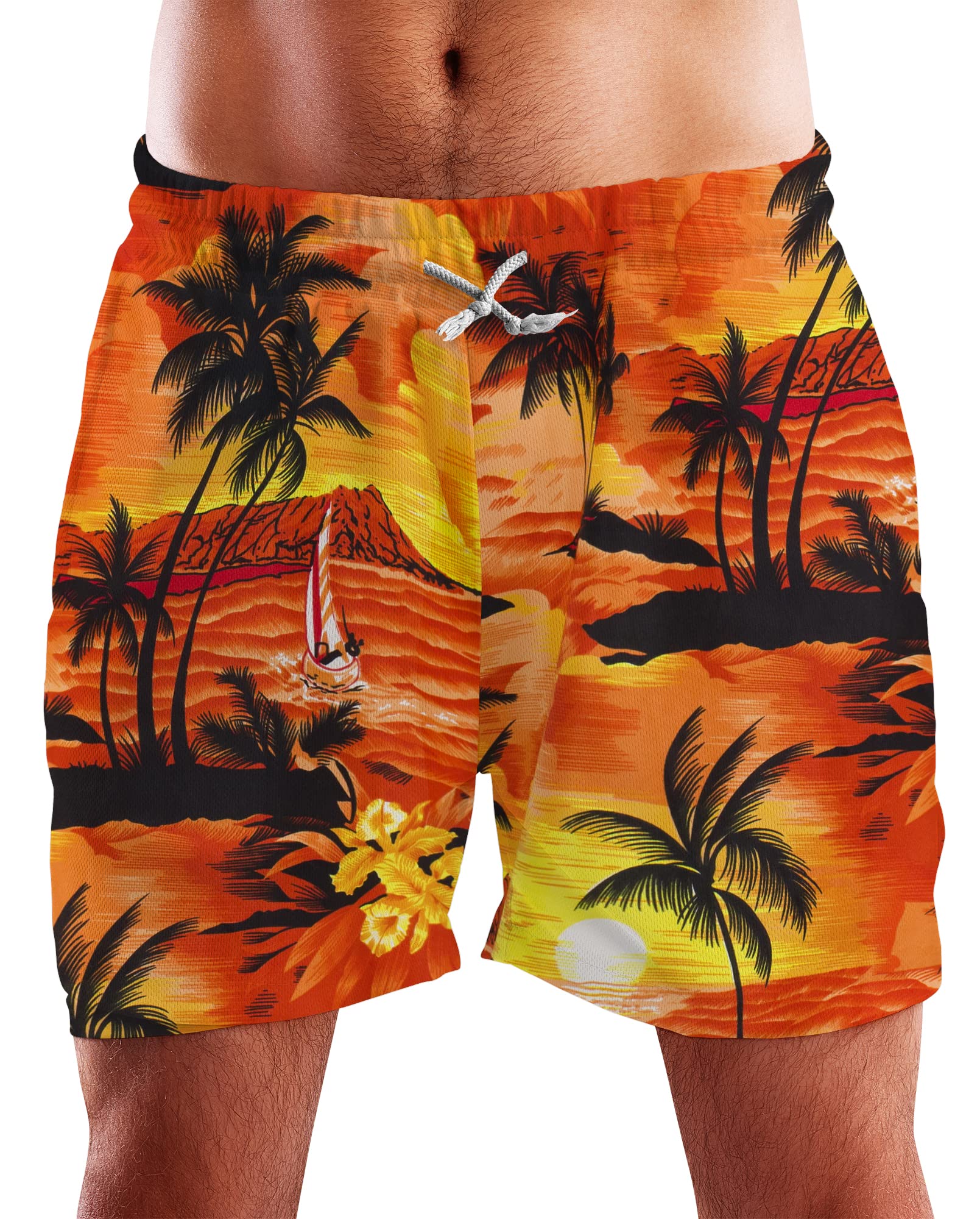 King Kameha Funky Hawaiian Board-Shorts Trunks Swim-Pants, Surf, Orange, L