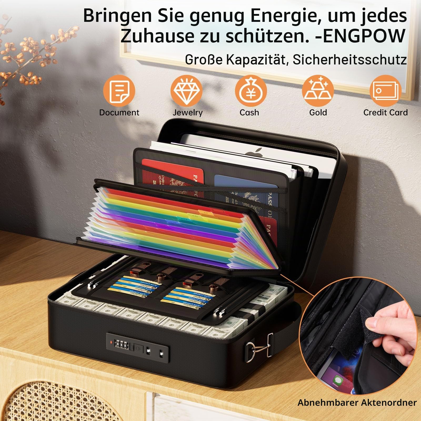 ENGPOW Feuerfeste Dokumententasche mit Schloss,Hartschale Dokumentenbox,A4 Aktenorganizer, Safe mit Mehreren Taschen, Dokumentenaufbewahrung,Schützt Wichtige Dokumente, Zertifikate,Laptop,Reisepässe