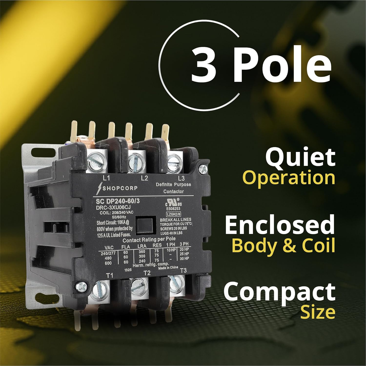 AC Contactor 60 Amp 75 RES 3 Pole 220V 240V Coil – Definite Purpose (DP) UL Listed for HVAC Contactor, Refrigeration & Heat Pump