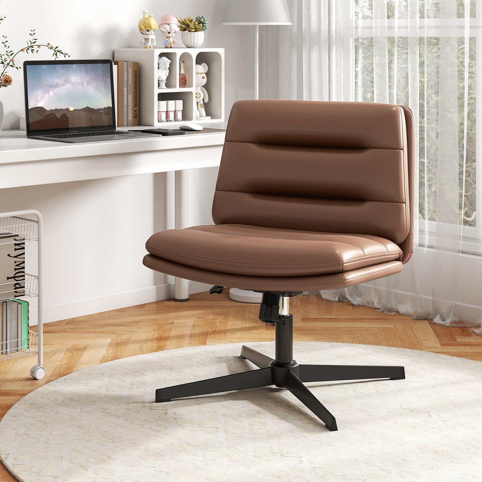 COSTWAY Silla Escritorio sin Ruedas y Reposabrazos, 88cm Silla Oficina Giratoria con Cojines, Silla Ergonómica con Asiento Acolchonado, Ajustable de Altura, para Dormitorio y Estudio (Marrón)