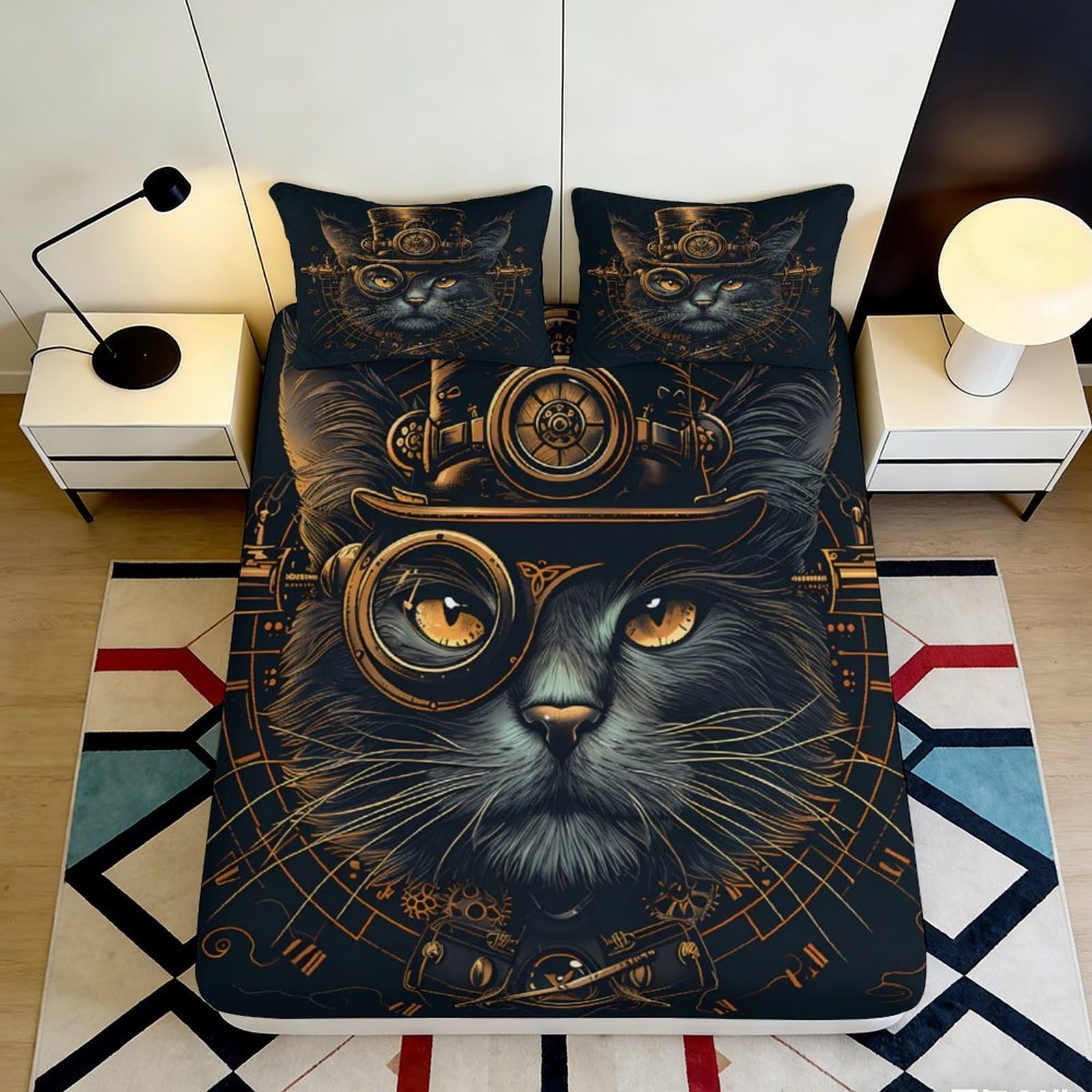 3D Printed Steampunk Cat Fitted Sheet Microfiber Anti-Slip Mattress Cover for Bedroom Dorm Machine Washable Decor 90x200x25cm