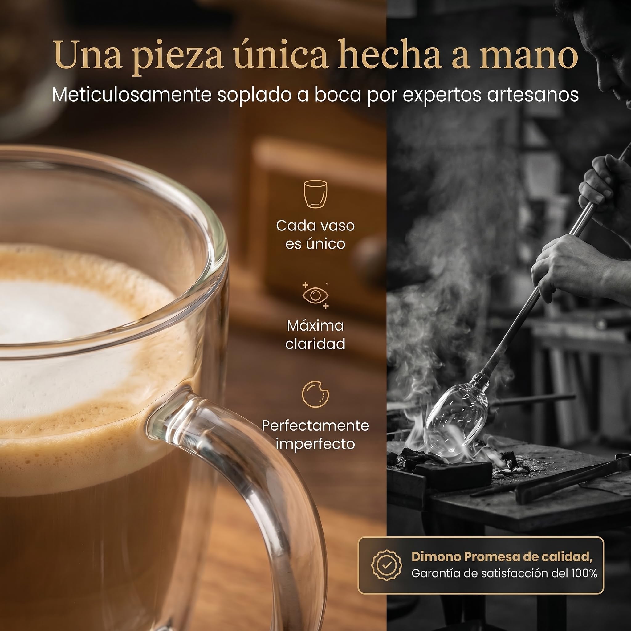 Dimono® Vasos de Doble Pared con Asa, 450 ml – Set de 6 | Vidrio borosilicato soplado a mano – efecto flotante – apto lavavajillas – ideal latte, cócteles y agua