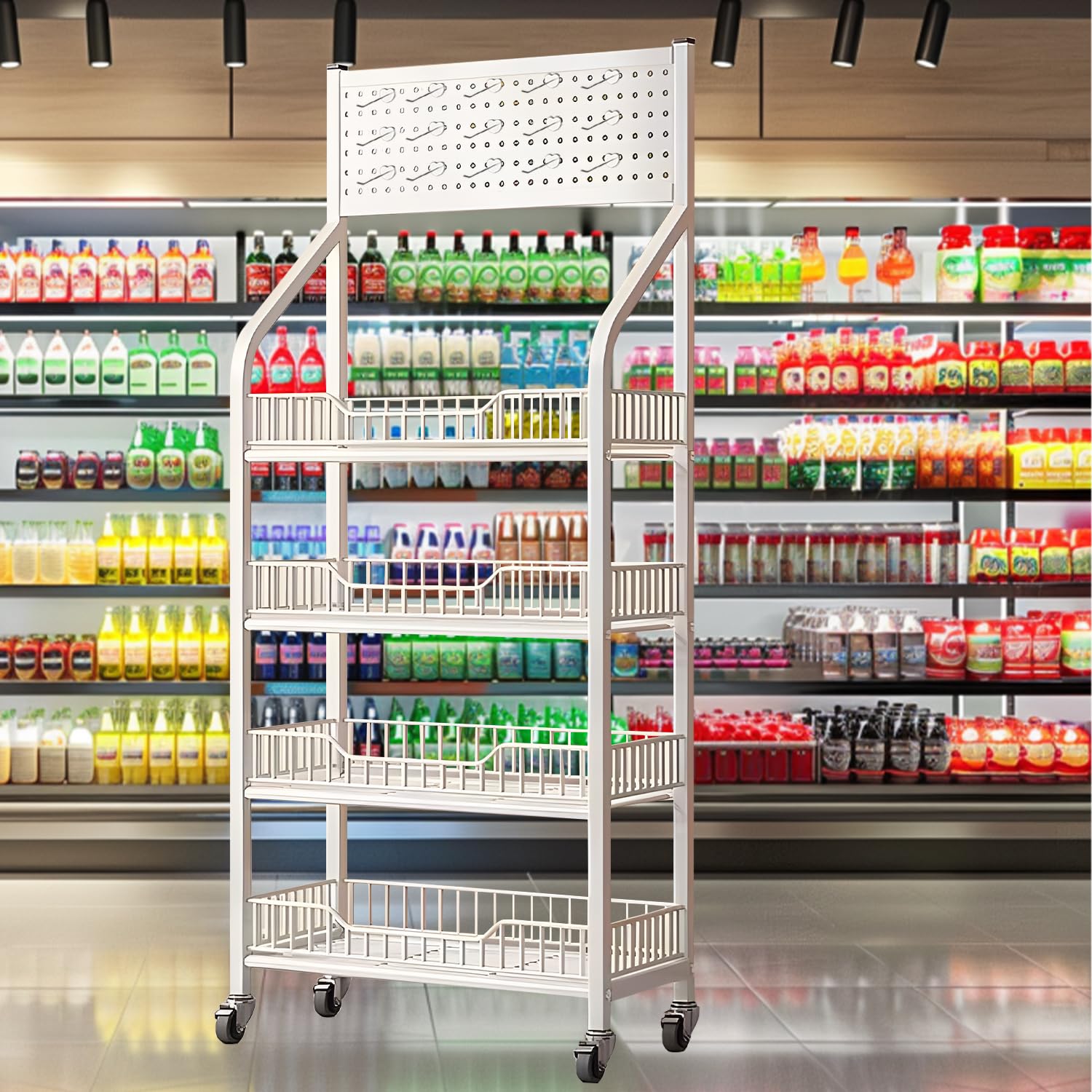 AYCDL Adjustable Retail Display with Hooks and Wheels for Easy Organization in Snack, Kitchen, and Supermarket Settings,White-4 Tier