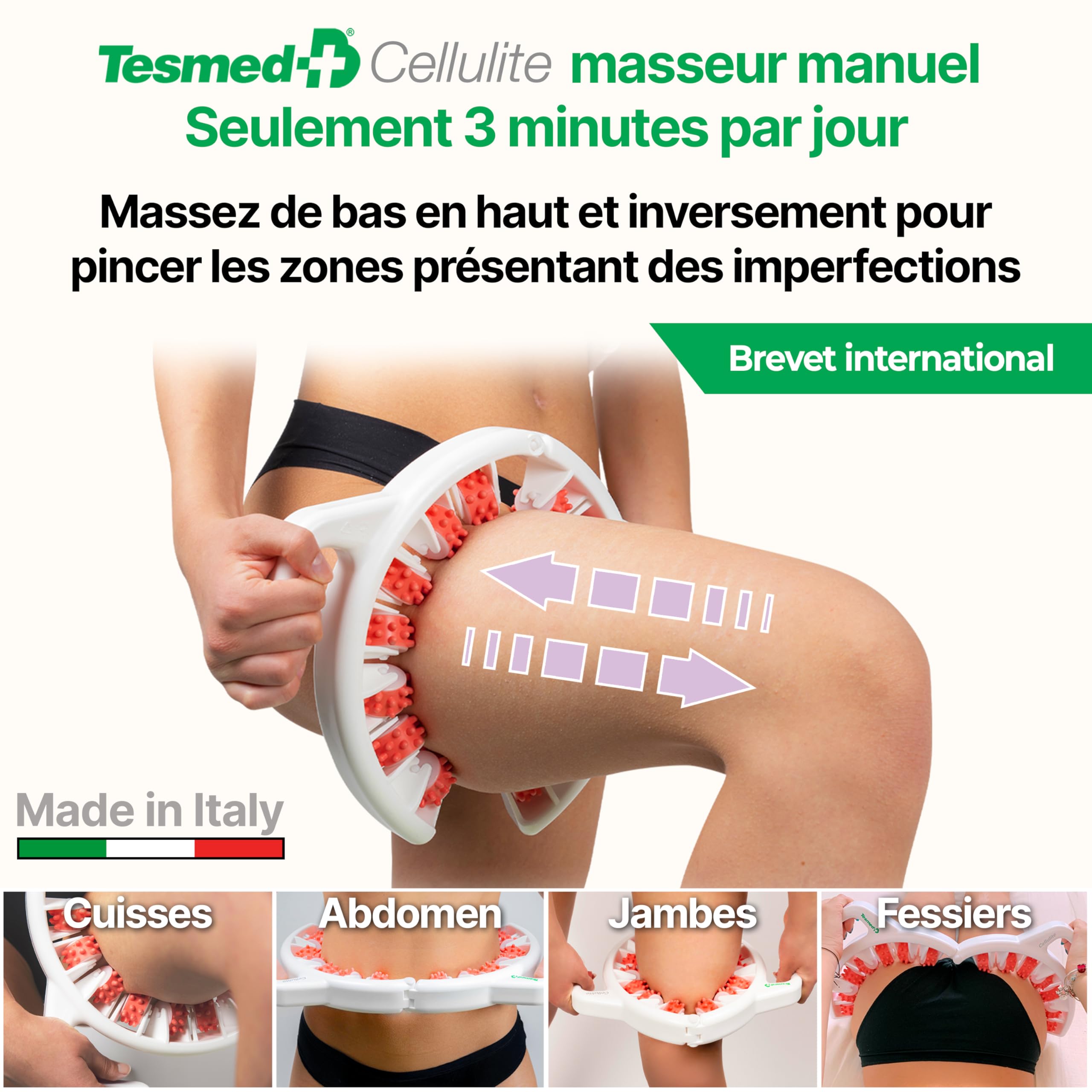 TESMED CELLULITE: Efficacité Clinique, Masseur Manuel Anti Cellulite Breveté, Made in Italy, Appareil de Massage avec Rouleaux Anti-Cellulite qui soulèvent, resserrent et relâchent la peau (Rose)