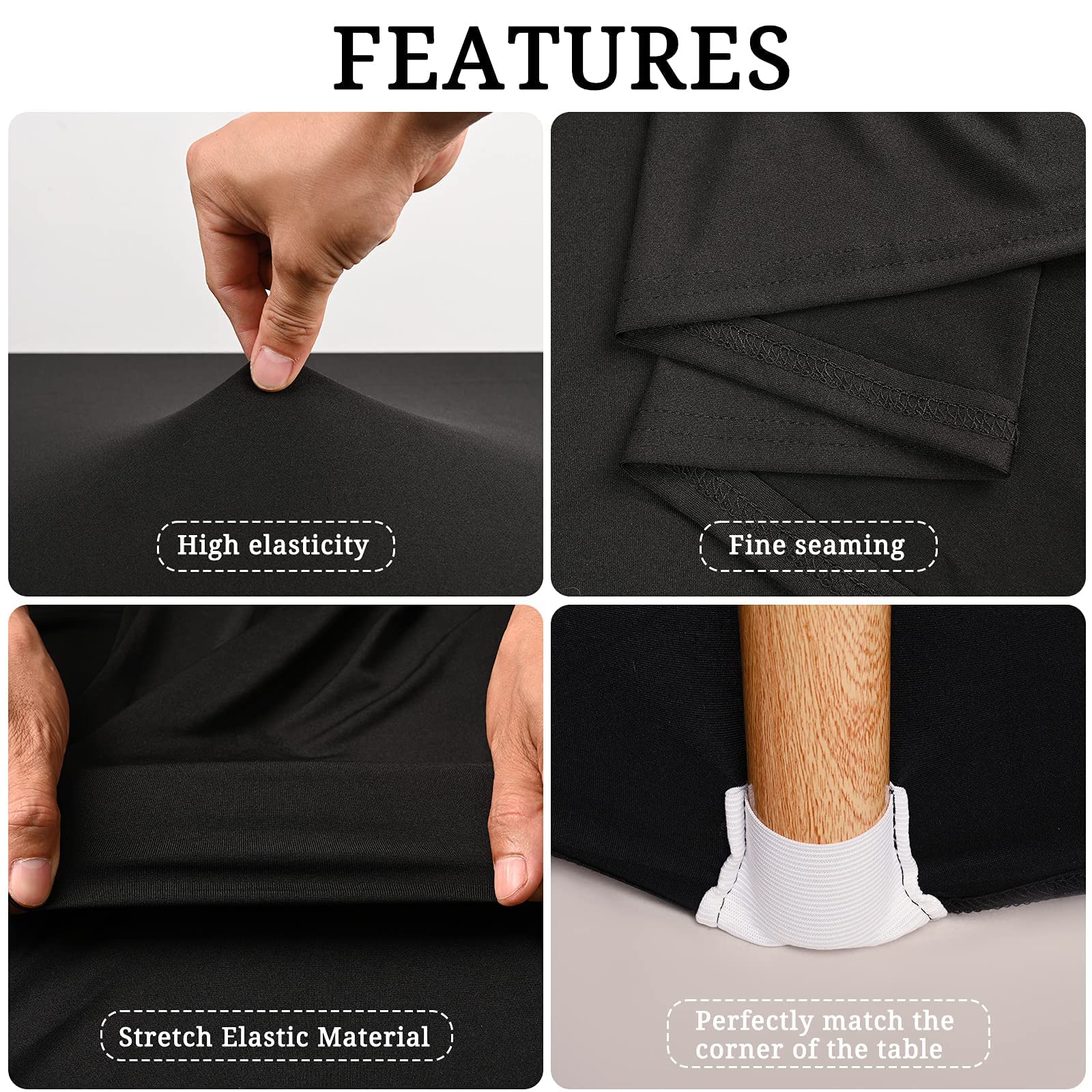3piezas de 6pies de Spandex Negro para Mesa, Mantel elástico de Spandex, Mantel de cóctel Rectangular, Ropa de Mesa Negra Ajustada Antiarrugas Lavable para Bodas/Fiestas de cumpleaños(Negro)