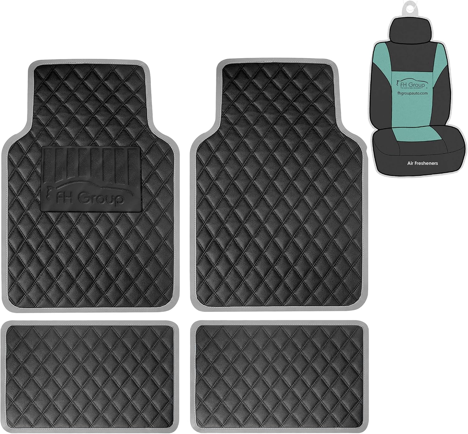 FH Group Automotive Floor Mats Universal All Purpose Fit Deluxe Faux Leather Floor Mats Combo Small Car Seat Cover Design for Cars, PU Leather Gray Protector Mat for Sedan, SUV, Truck Floor Mats