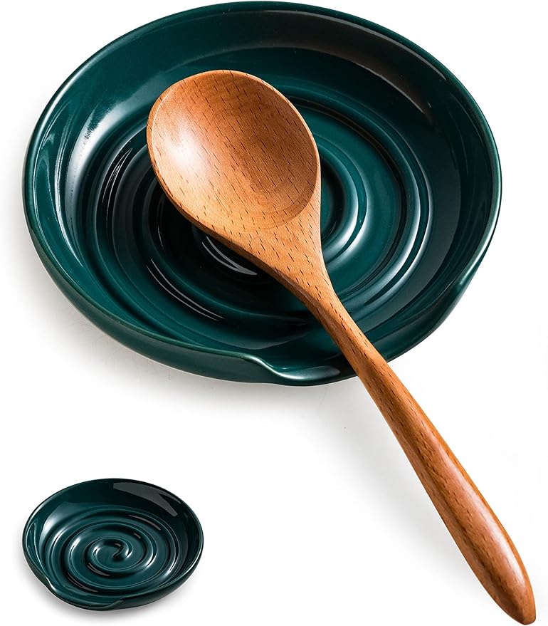 Spoon Rest, Porcelain Spoon Holer with Drip Tray, for Multiple Utensils, Heat-Resistant, Ceramic Spoon Rest for Spoons, Ladles, Tongs, Dark Green