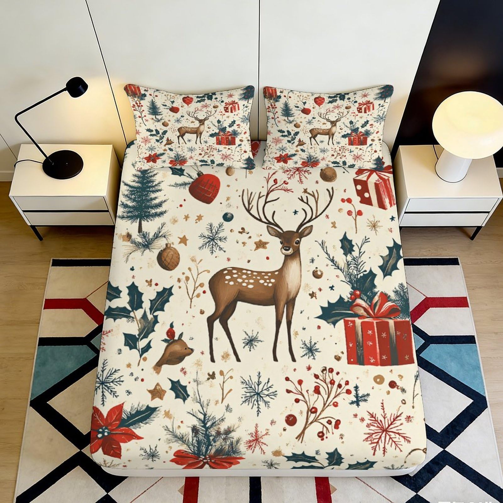 3D Printed Christmas Reindeer Fitted Sheet Microfiber Soft Winter Forest Bed Cover for Bedroom Guest Room Decor 90x200x25cm