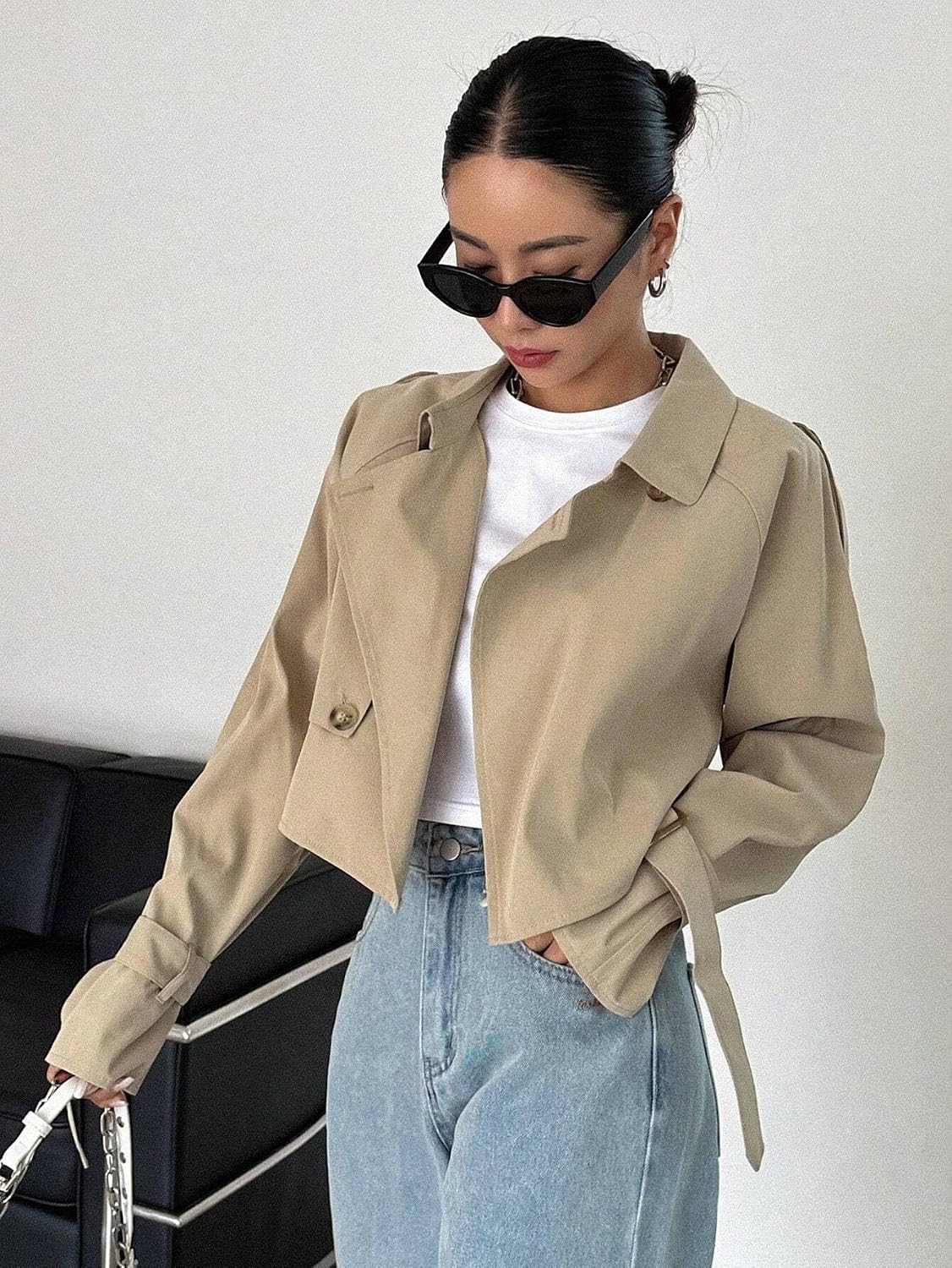 Womens Fashion Trench Outwear Raglan Sleeve Knot Trench Coat Jacket Coat