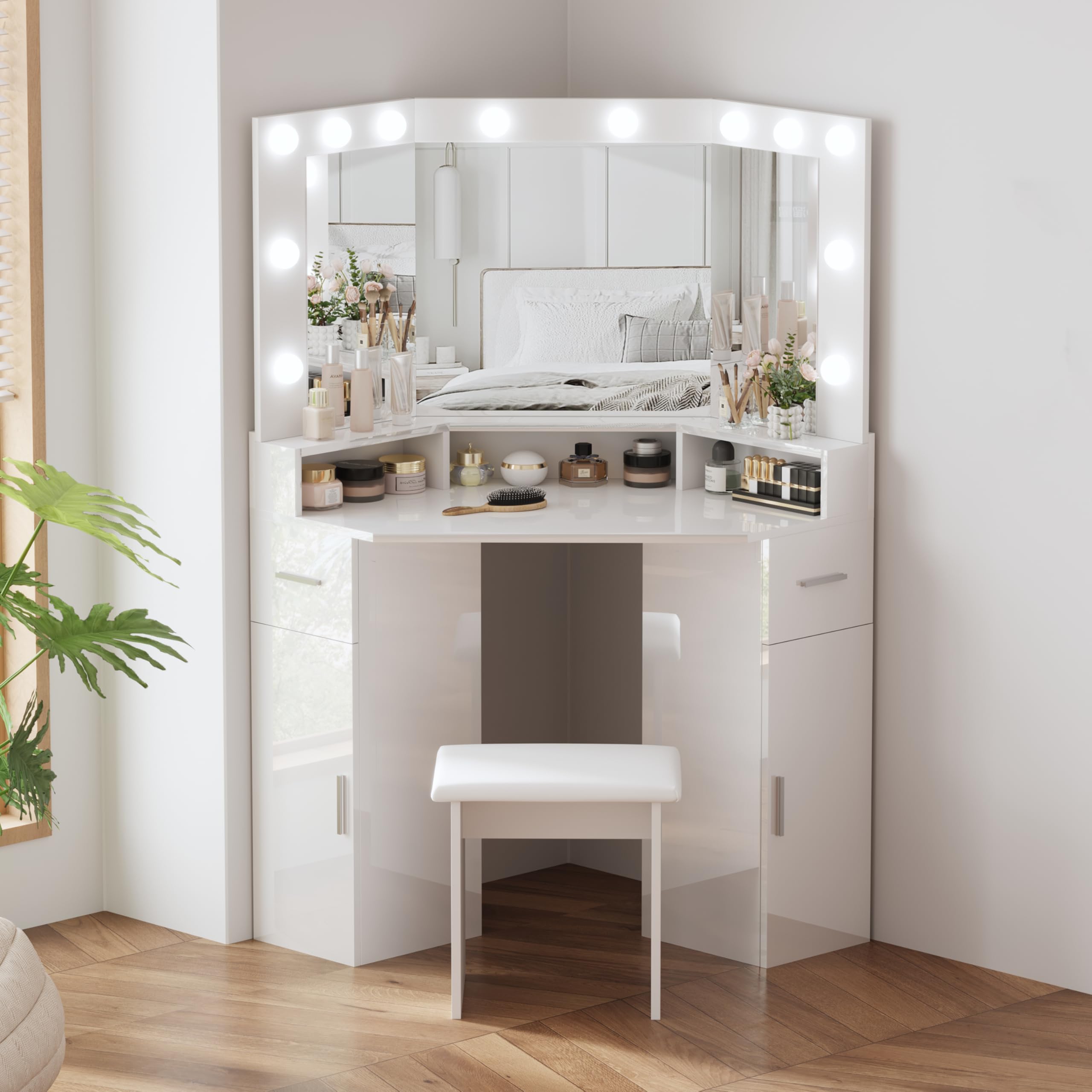 LSLIFE High Gloss Corner Dressing Table with Mirror and Stool, Corner Curved Vanity Makeup Desk with 3 Color Dimmable LED Lights 2 Drawers Bedroom Make Up Table Set for Women Girls (Hollywood Mirror)
